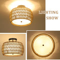 Boho Light Fixtures Ceiling Mount, Rattan Semi Flush Mount Ceiling Light, Farmhouse Light Fixtures With Fabric Shades, Kitchen Close To Ceiling Light Fixtures For Living Room Bedroom Hallway Brown Rattan Metal