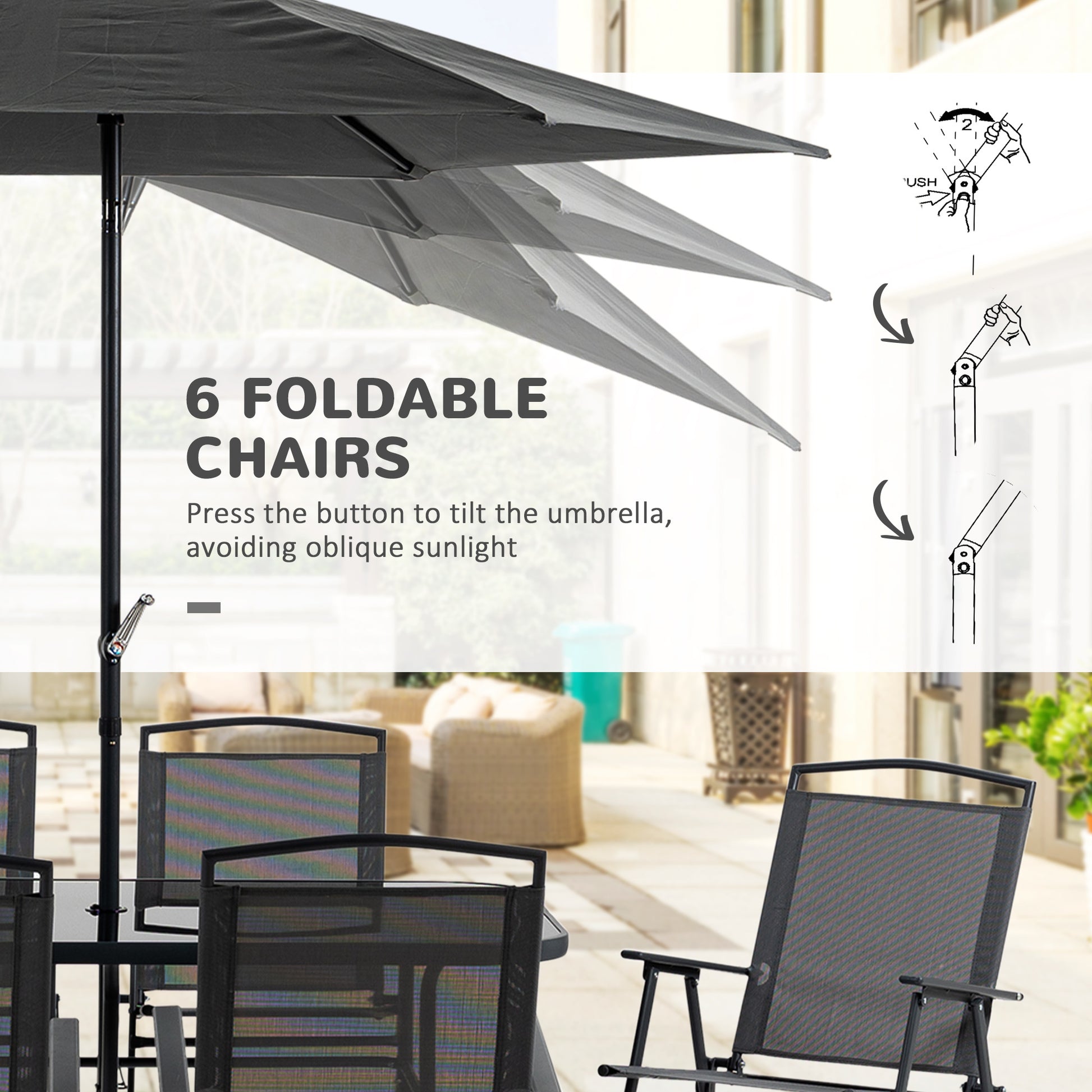 Outsunny 8 Piece Patio Dining Set With Table Umbrella, 6 Folding Chairs And Rectangle Dining Table, Outdoor Patio Furniture Set, Black Black Metal