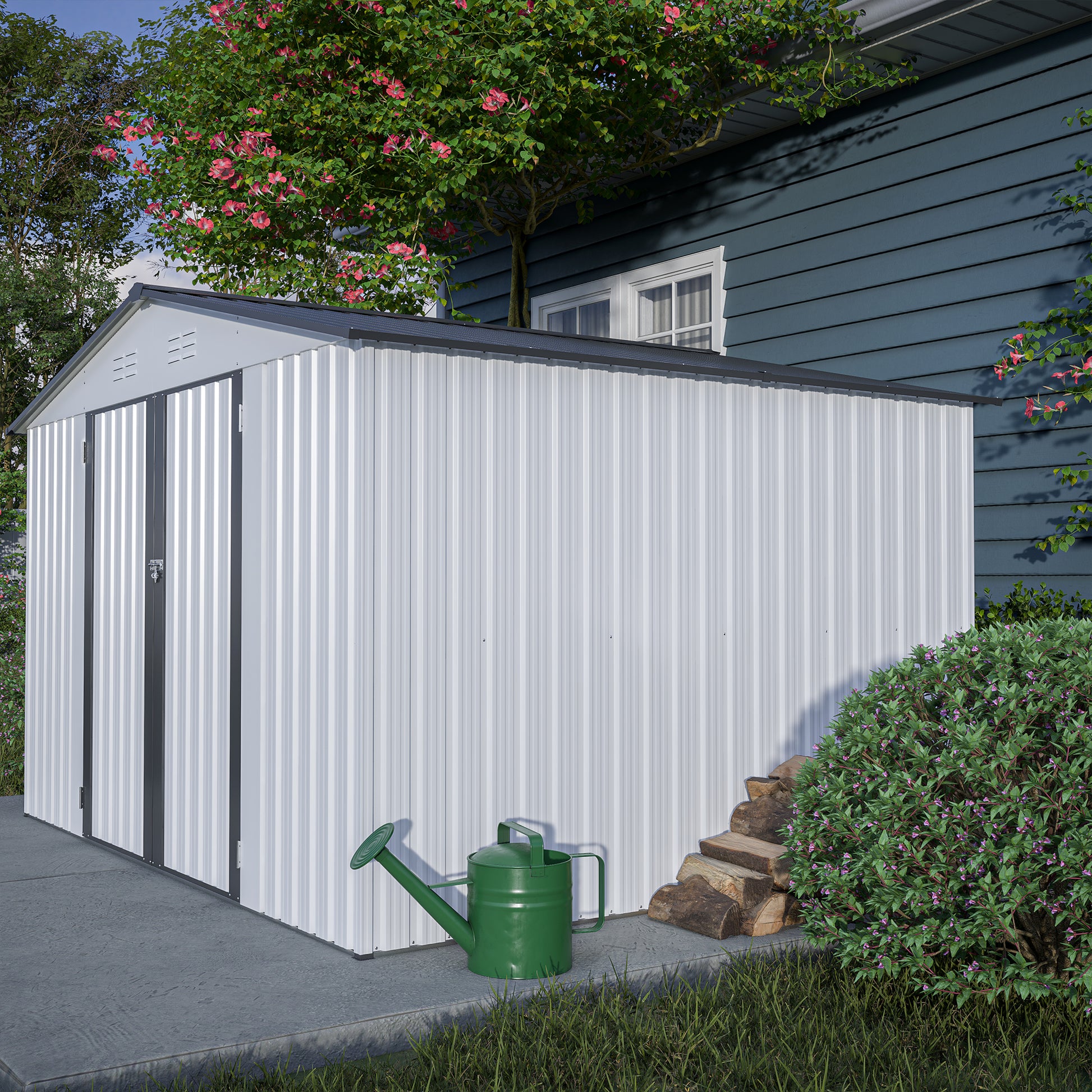 10X8 Ft Outdoor Storage Shed, All Weather Metal Sheds With Lockable Doors, Tool Shed For Garden, Patio, Backyard, Lawn, Grey White Metal