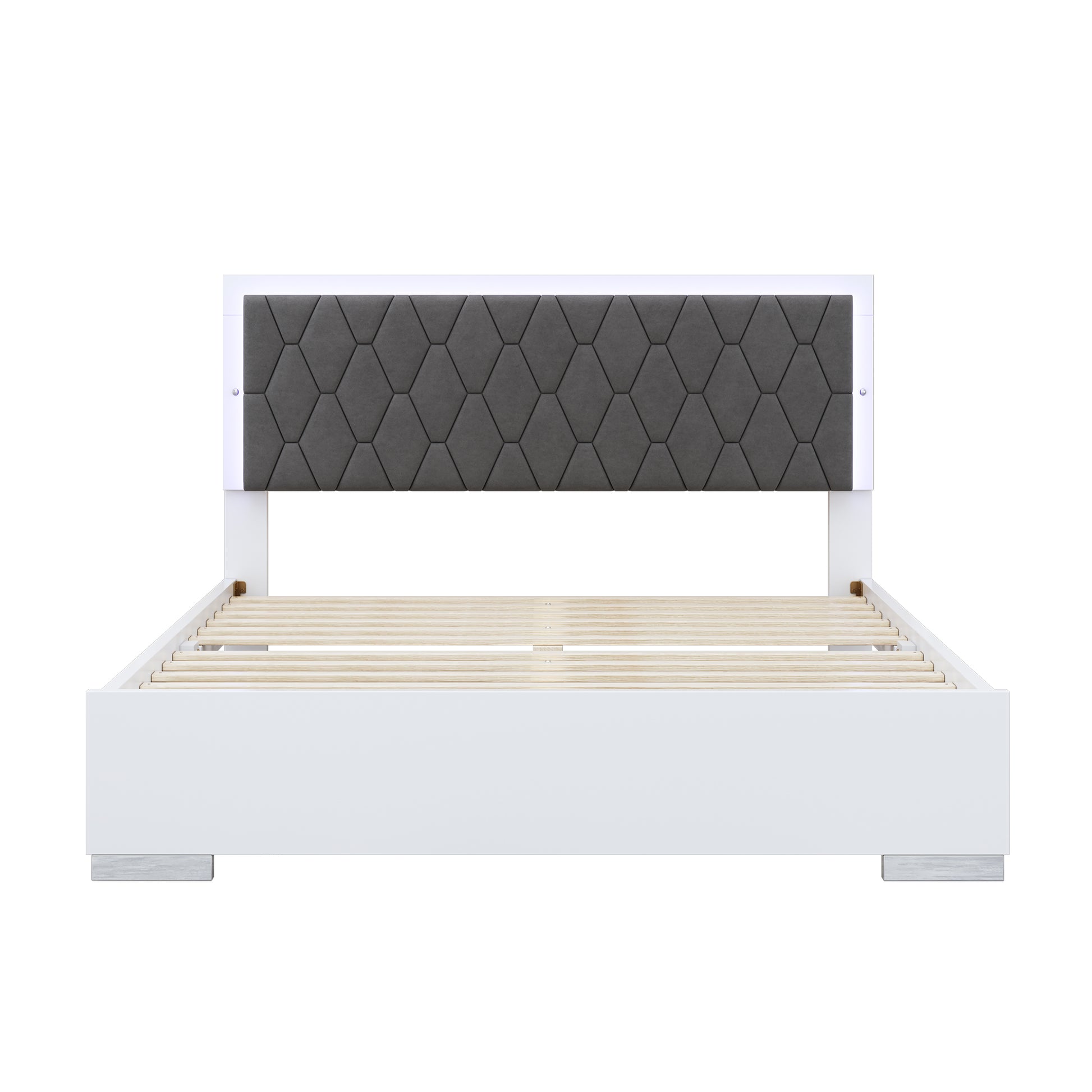 Queen Size Upholstered Bed With Led Light,Modern Platform Bed With With Velvet Headboard,White Queen White Mdf