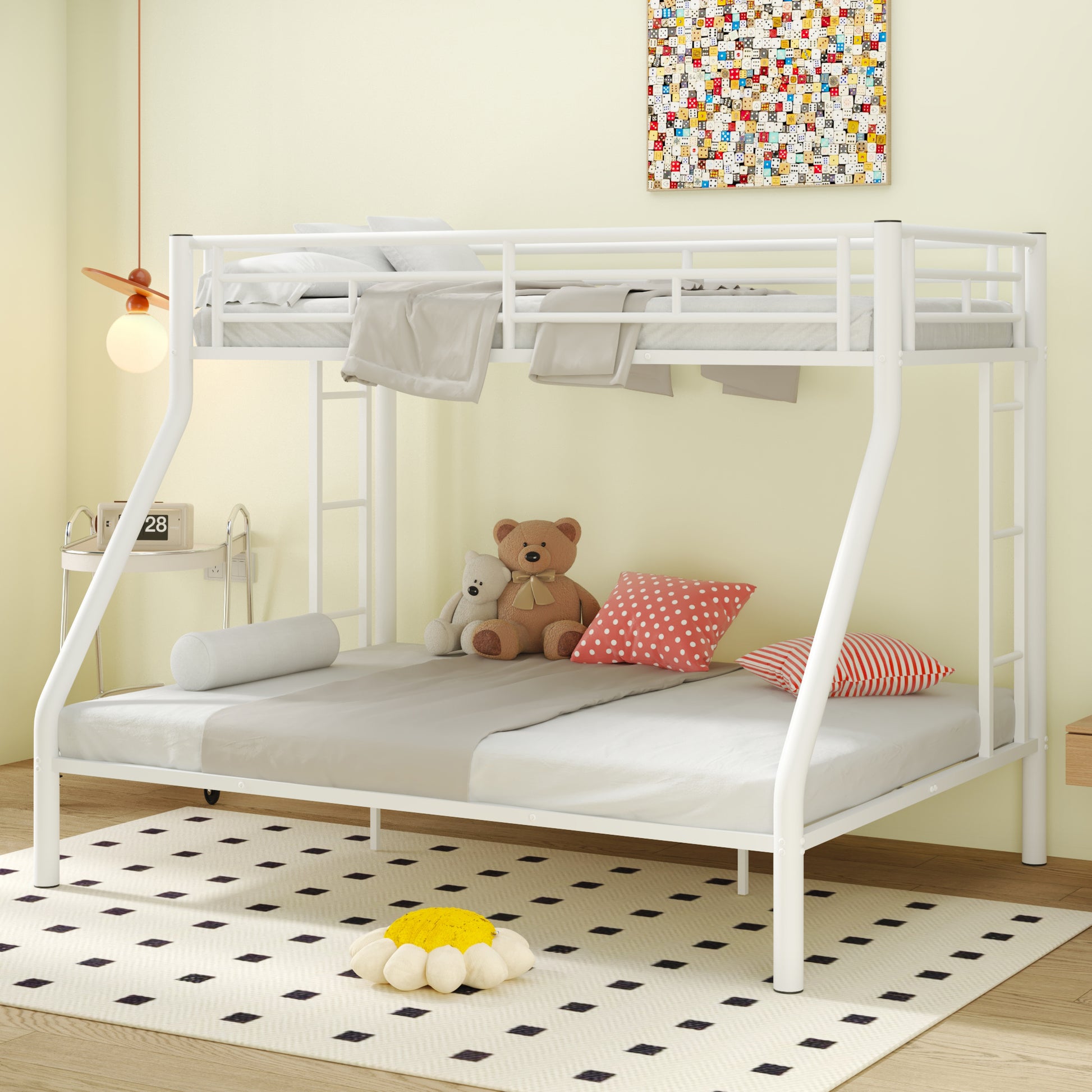 Twin Xl Over Queen Metal Bunk Bed With Ladder And Guardrails, White Expected Arrival Time: 9.7 Box Spring Not Required Twin Xl White Metal Metal