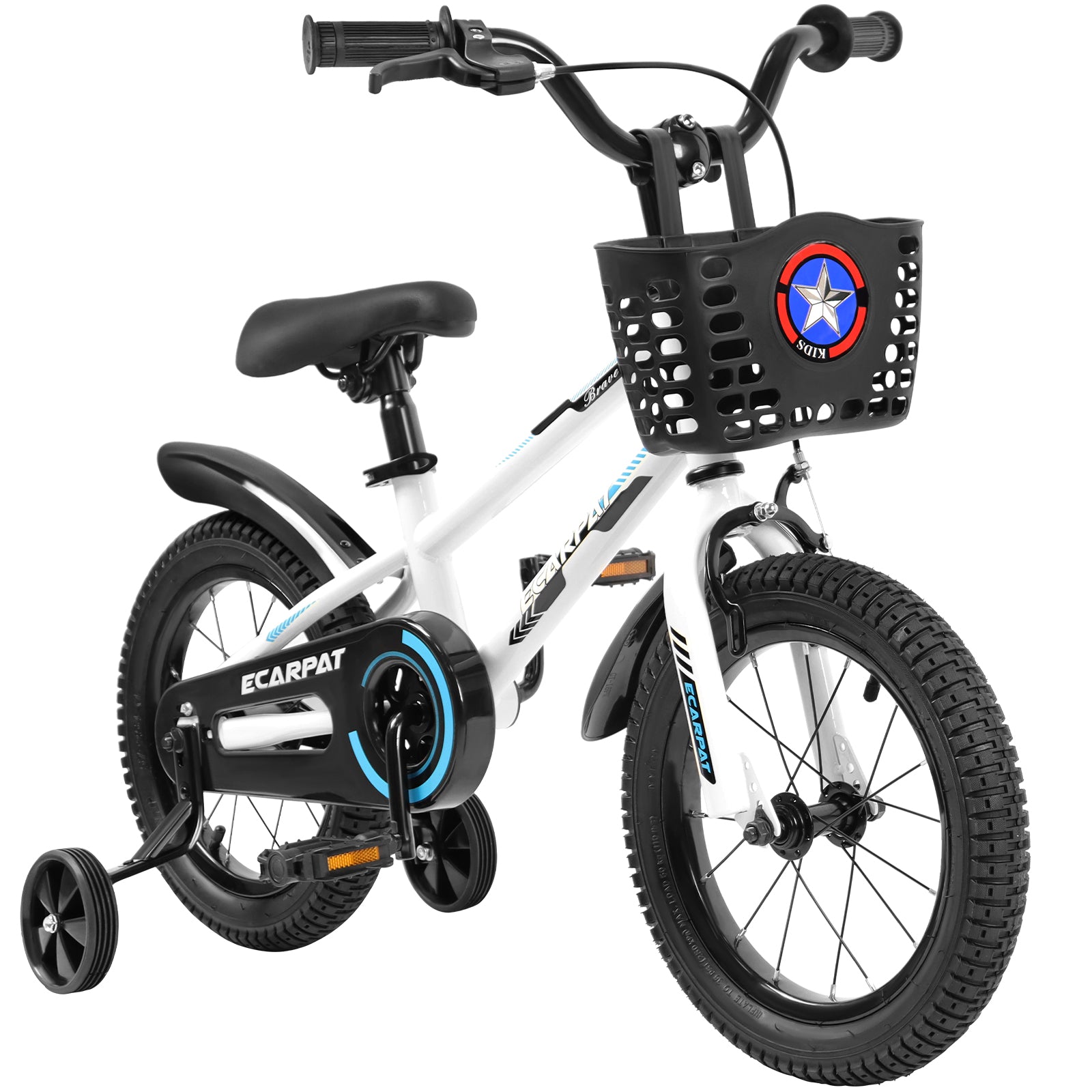 C14111A Kids Bike 14 Inch For Boys & Girls With Training Wheels, Freestyle Kids' Bicycle With Bell,Basket And Fender. White Steel