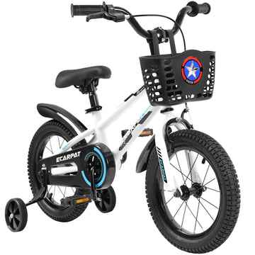 C14111A Kids Bike 14 Inch For Boys & Girls With Training Wheels, Freestyle Kids' Bicycle With Bell,Basket And Fender. White Steel