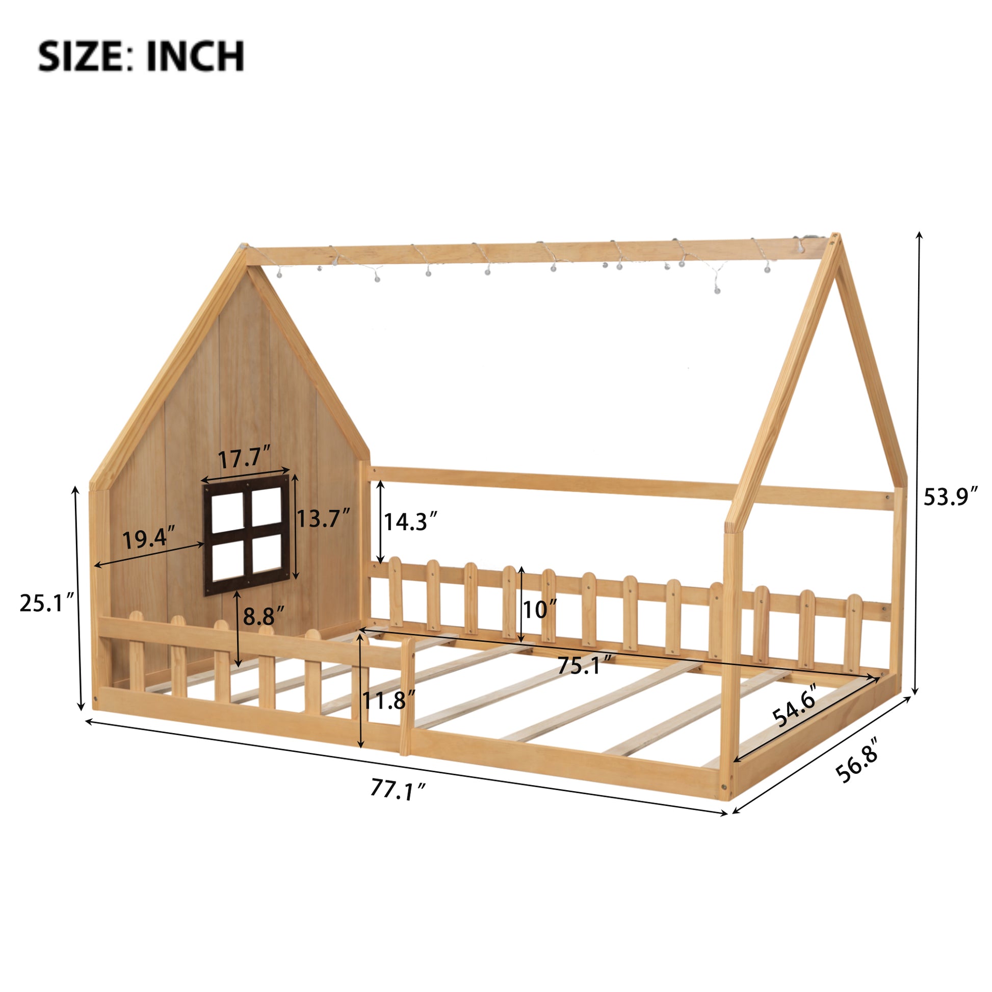 Full Size Wood House Bed With Window And Fence, Natural Old Sku: Wf304147Aa Box Spring Not Required Full Natural Wood Bedroom Pine Bed Frame Solid Wood Mdf