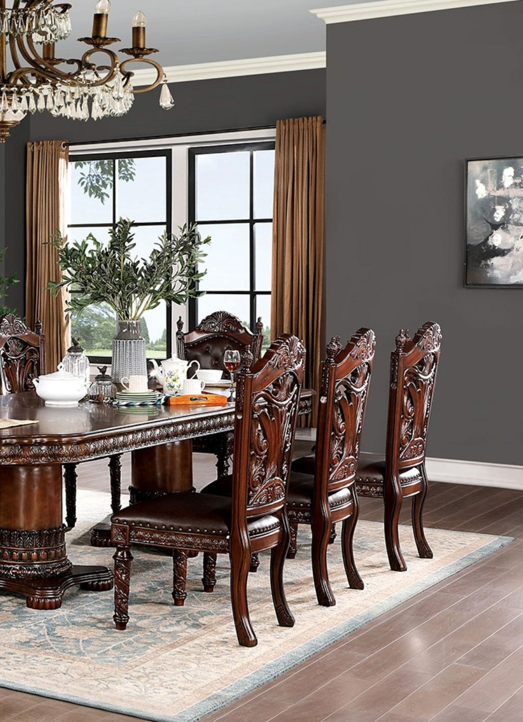 Traditional 2Pcs Side Chairs Brown Cherryseats Faux Wood Carved Details Formal Solid Wood Dining Room Furniture Brown,Dark Brown Brown Dining Room Luxury,Traditional,Vintage Dining Chairs Rubberwood