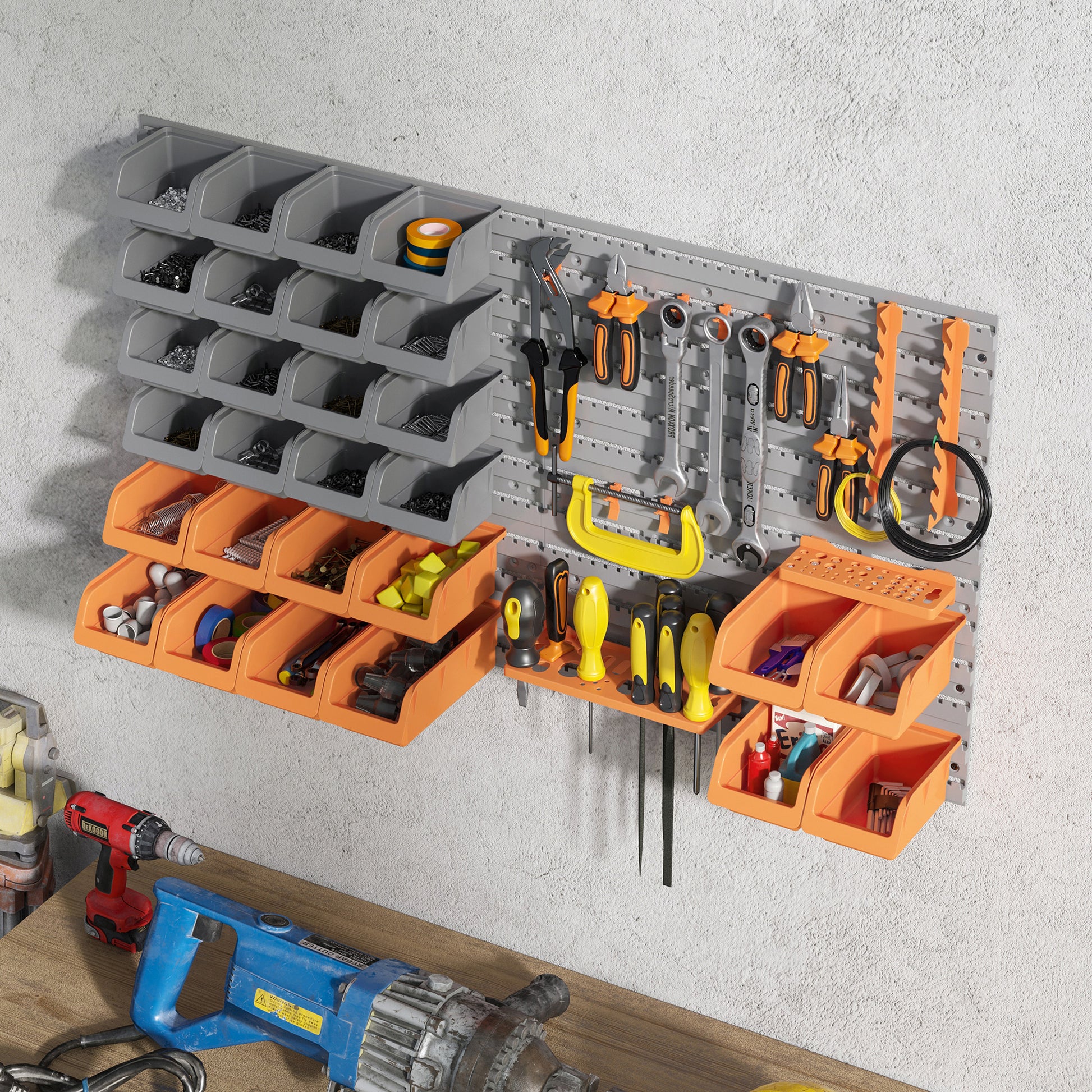 Durhand 44 Piece Wall Mounted Pegboard Tool Organizer Rack Kit With Various Sized Storage Bins, Pegboard, & Hooks, Orange Orange Plastic