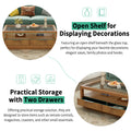 Modern Wood Coffee Table With 2 Drawers ,Minimalist Display Coffee Table With Transparent Tempered Glass, Open Storage Shelf For Living Room Brown Solid Wood Mdf