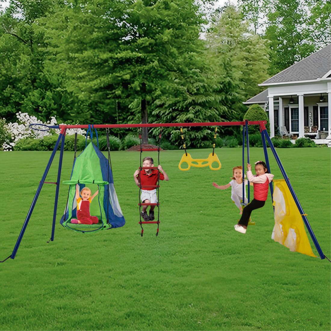 Xns092 Rinbow Colour Interesting Four Function Swingset With Net Swing And Face To Face Metal Plastic Safe Swing Seat 550Lbs For Outdoor Playground For Age 3 Blue Green Steel