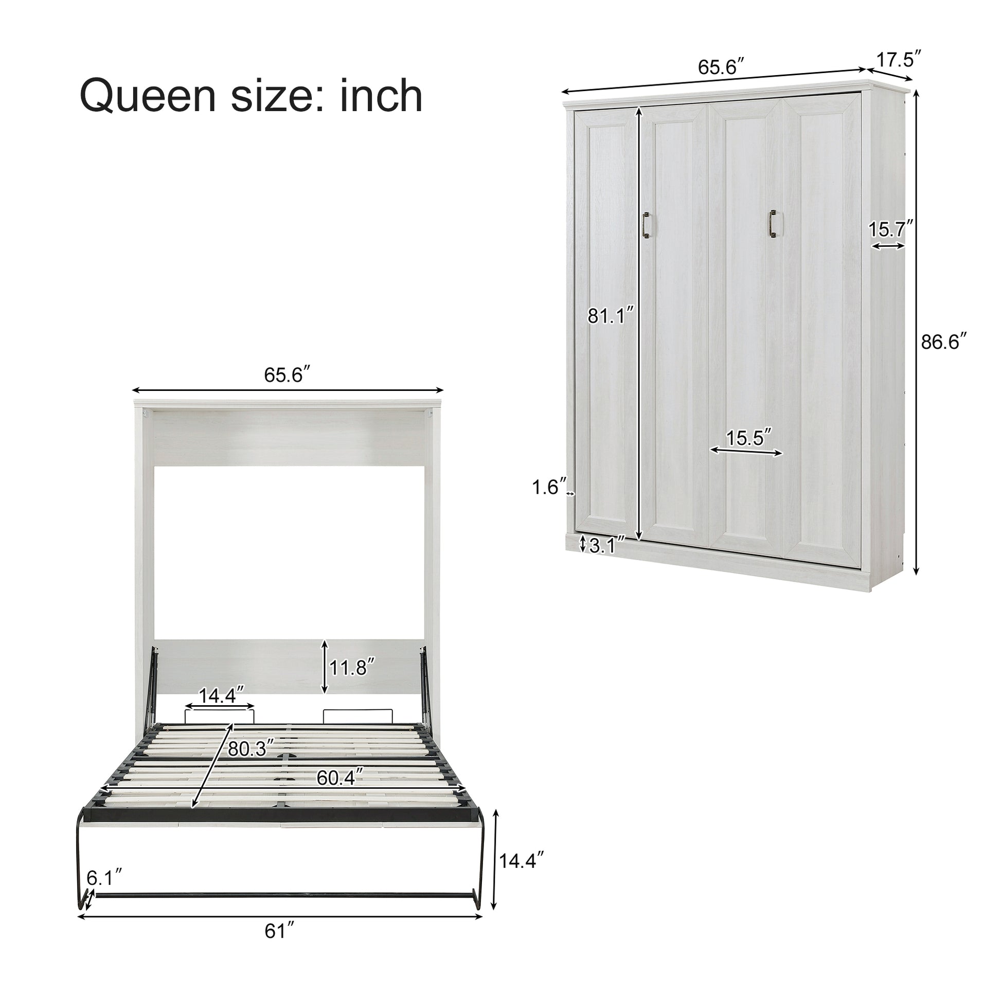 Queen Size Half Self Close And Open Murphy Bed With 2 Side Cabinet Storage Shelf, Cabinet Space Saving Bed Perfect For Guest Room, Bed Room, Guest Room, Home Office, Rustic White Box Spring Not Required Queen Rustic White Wood White Pine Murphy Solid