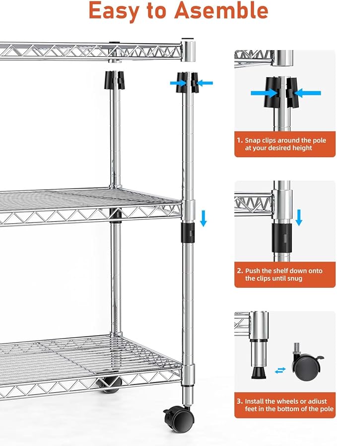 3 Tier Heavy Duty Storage Shelves 750Lb Capacity, 24.02" D X 13.78" W X 21.97" H Shelving Unit For Pantry, Garage, Laundry And Kitchen Chrome Steel