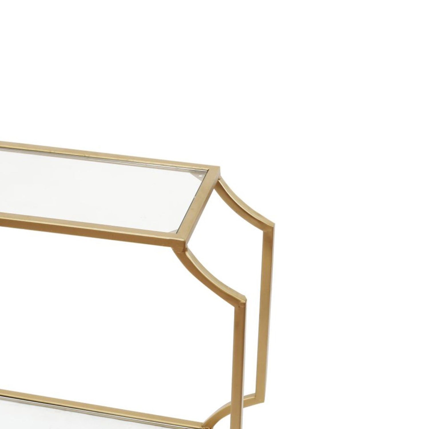 Metal Wall Shelf With Two Glass Shelves And Smooth Chamfered Corners, Gold And Clear Gold Iron