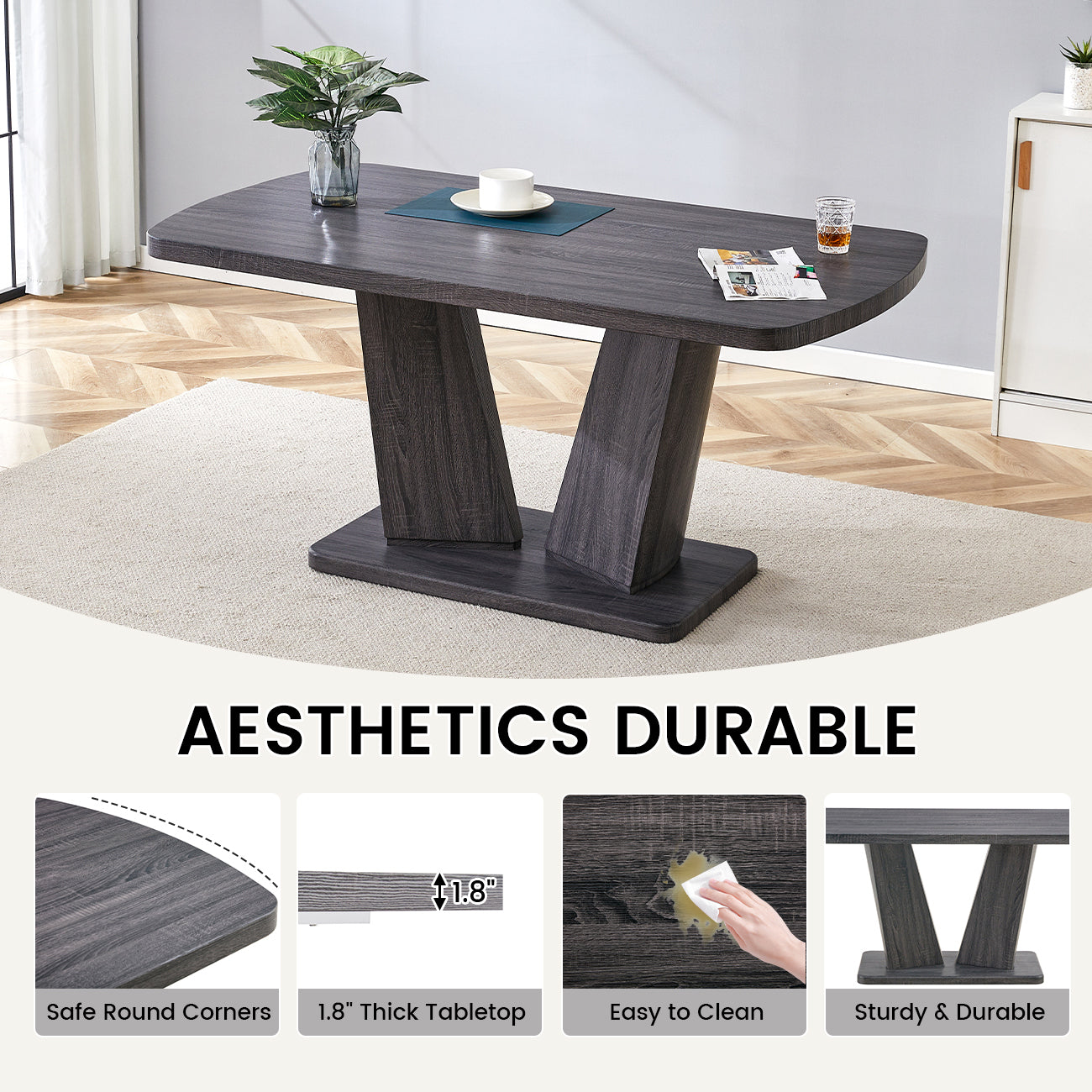 Modern Dining Table, Dining Room Table With 63" Rectangle Top And V Shape Mdf Base, Kitchen Dining Table For Kitchen Living Dining Room Gray Dining Room Modern Rectangular Mdf
