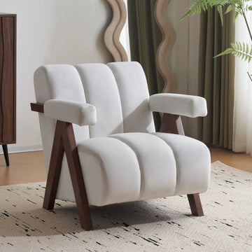 Mid Century Modern Accent Chair With Solid Wood Frame, Upholstered Living Room Chairs With Thick Cushion, Comfy Tufted Arm Chair For Bedroom, Living Room, Velvet, Ivory Ivory White Velvet