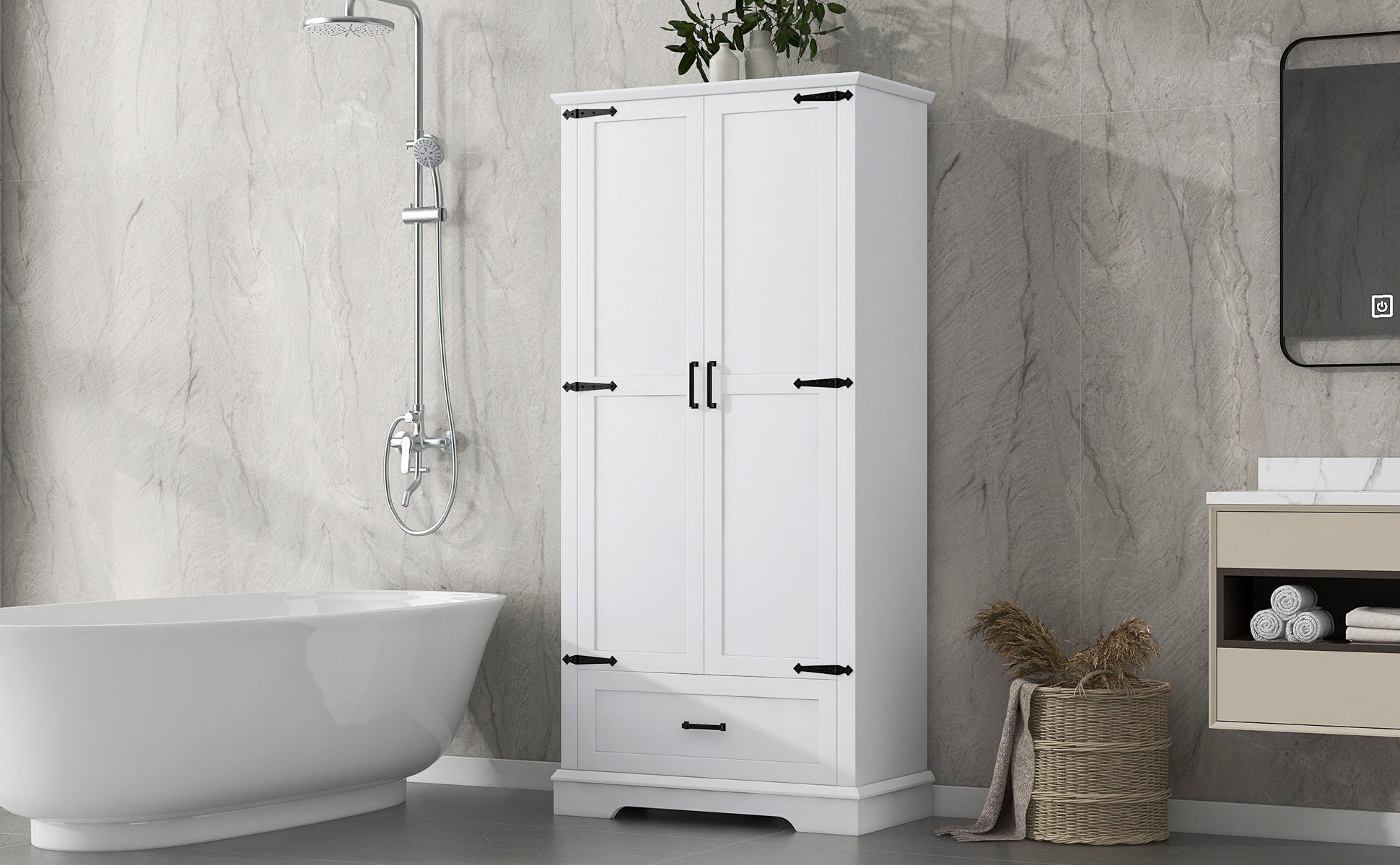 Tall Bathroom Storage Cabinet, Cabinet With Two Doors And One Drawer, Adjustable Shelf, Mdf Board, White White Mdf