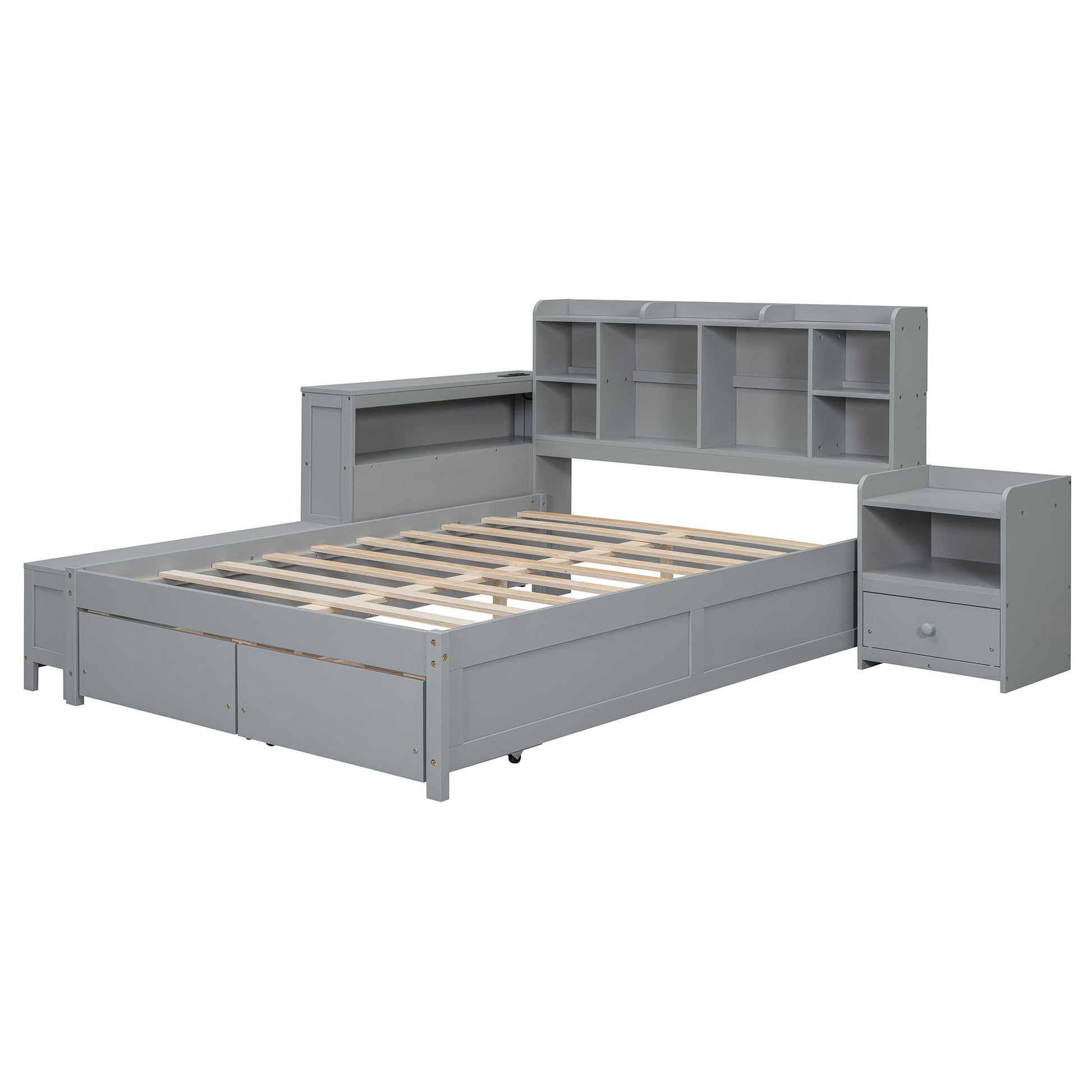 Full Size Wooden Platform Bed With Multi Functional Storage Space, Nightstand, 2 Drawers, Usb Ports And Desk, Gray Full Gray Wood