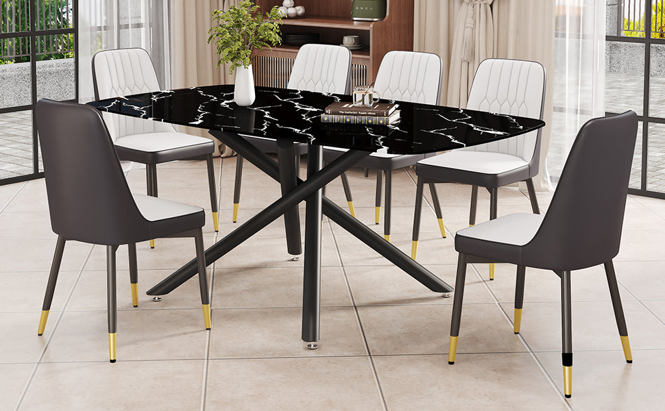 1 Table And 6 Chairs Set.A Rectangular Dining Table With A Imitation Marble Black Table Top And Black Metal Legs.Paired With 6 Chairs With Pu Leather Seat Cushion And Black Metal Legs.F 1537,C 007 Black Glass Metal