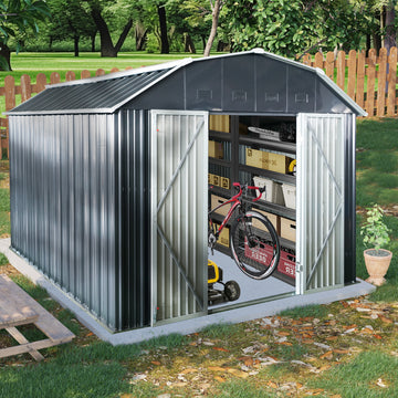 10 Ft X 12 Ft Outdoor Metal Storage Shed With Arch Roof With Lockable Doors For Backyard Garden Patio Lawn, Black Black Iron