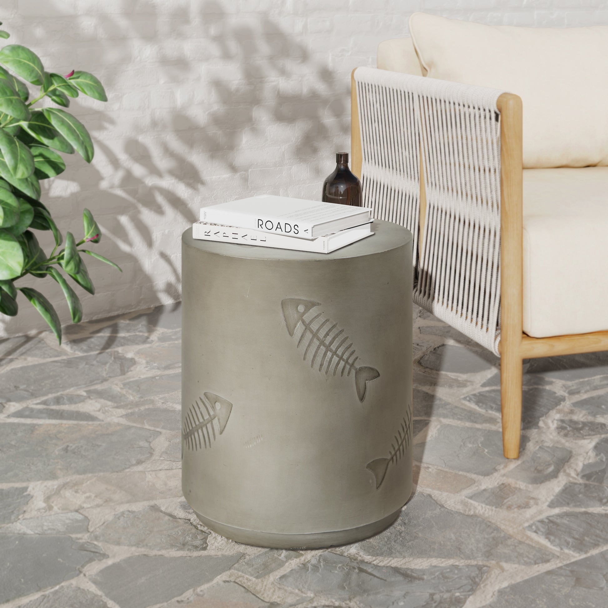 16'' Mgo Side Table Fish Pattern Grey Magnesium Oxide