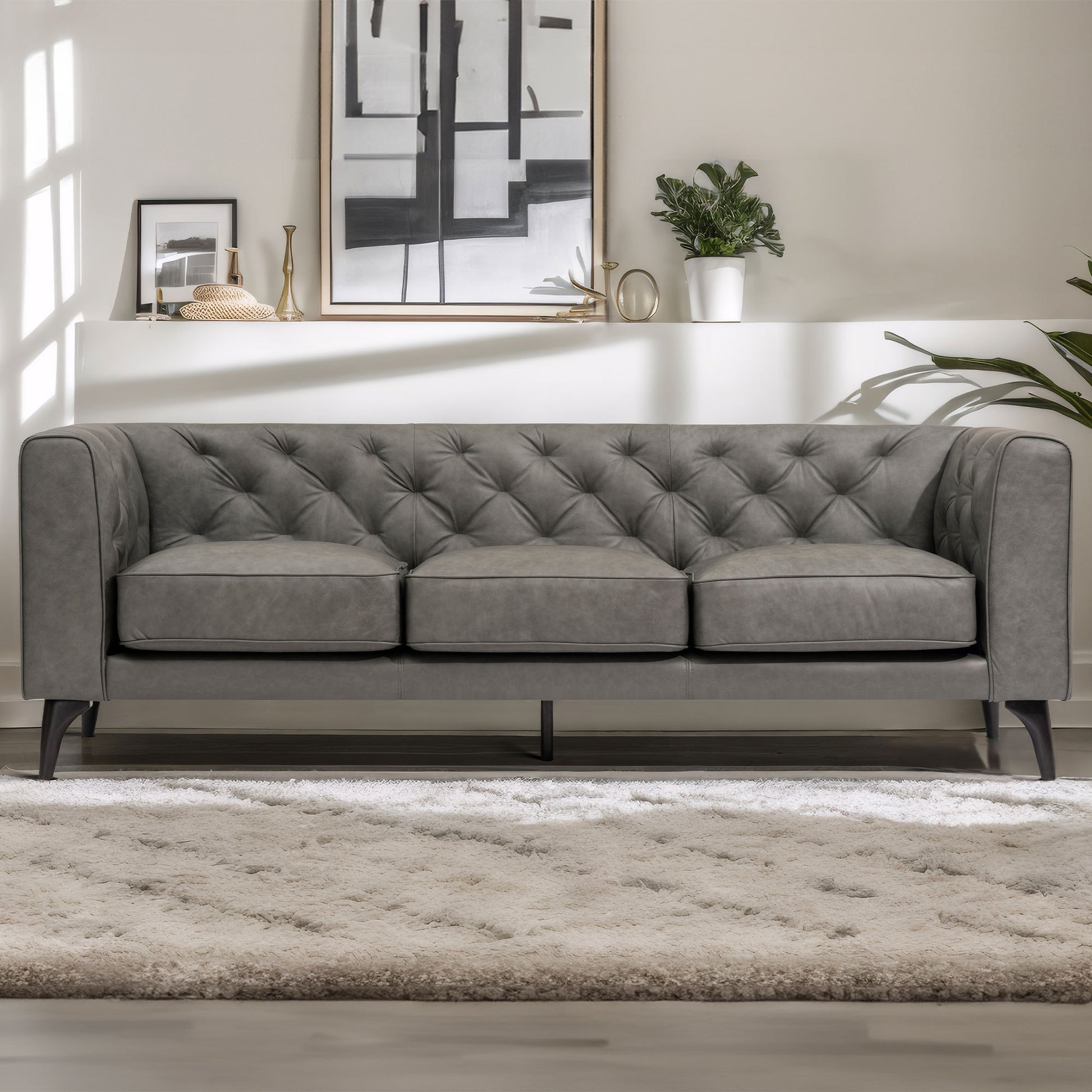 92.52 Inch Genuine Leather Couch 3 Seater Sofa With Tufted Back,Grain Leather Couch With Feather,Down Topper On Seating Surfaces Sofa For Living Room, Comfy Sofa Couch With Extra Deep Seats,Graphite Natural Graphite Genuine Leather 3 Seat
