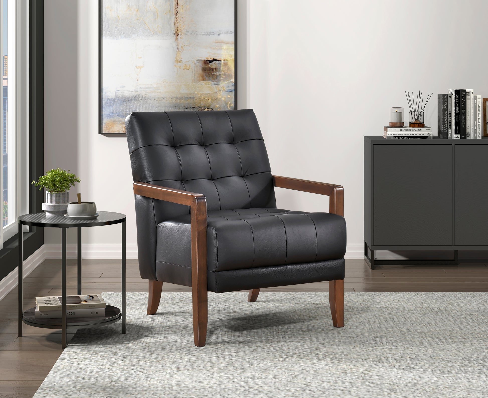 Modern Style Accent Chair Black Leather Upholstered Tufted Detail Walnut Finish Wood Furniture 1Pc Black Primary Living Space Contemporary,Modern Plywood