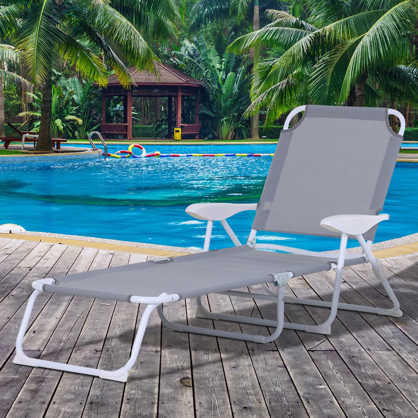 Outsunny Folding Chaise Lounge, Outdoor Sun Tanning Chair, 4 Position Reclining Back, Armrests, Metal Frame And Mesh Fabric For Beach, Yard, Patio, Gray Grey Metal