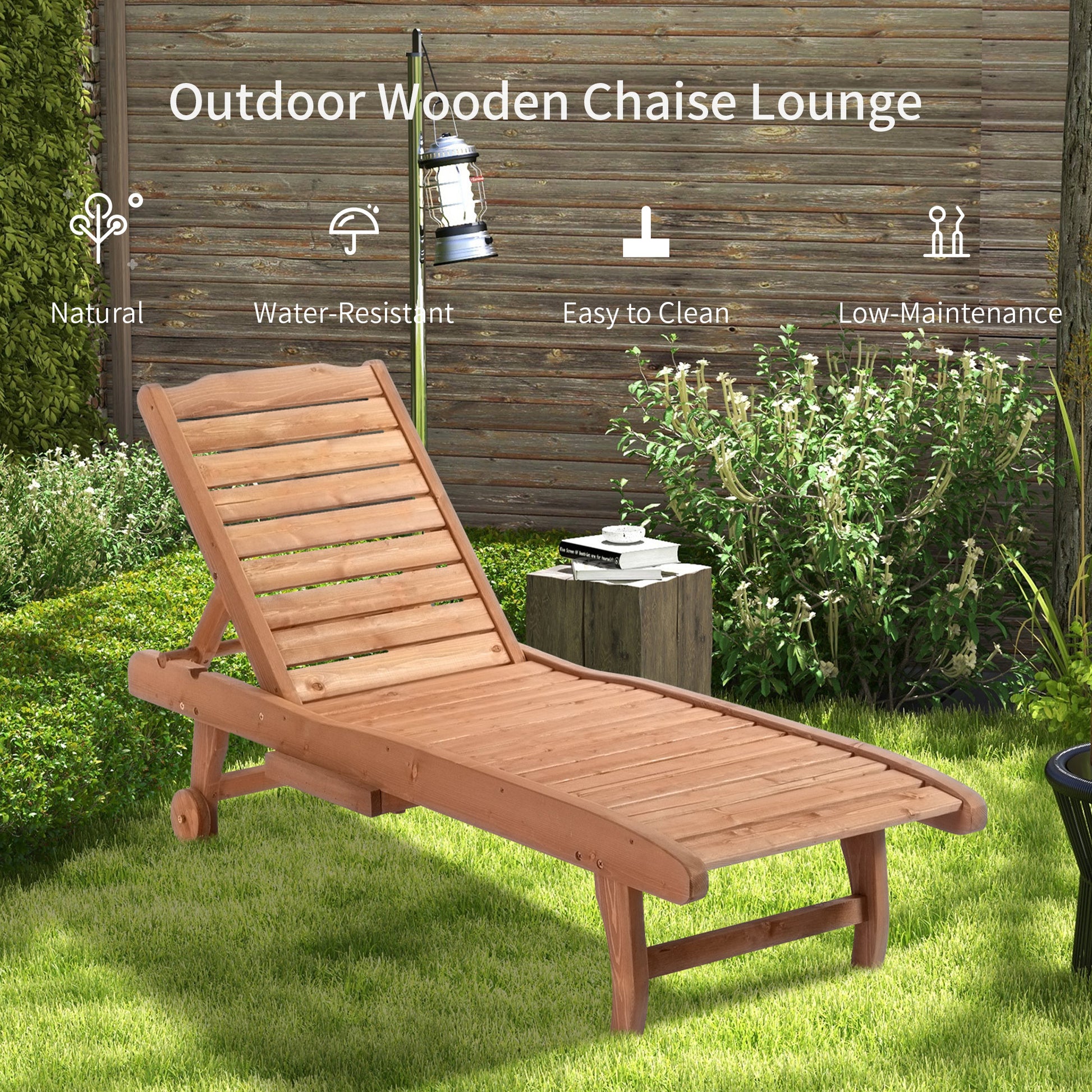 Outsunny Outdoor Chaise Lounge Pool Chair, Built In Table, Reclining Backrest For Sun Tanning Sunbathing, Rolling Wheels, Red Wood Look Natural Wood Wood