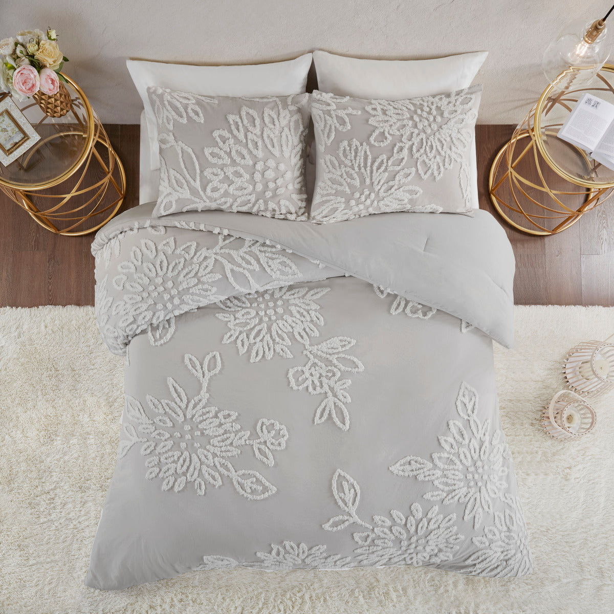 3 Piece Tufted Cotton Chenille Floral Comforter Set Warm Grey White Full Queen Full Warm Grey White Cotton