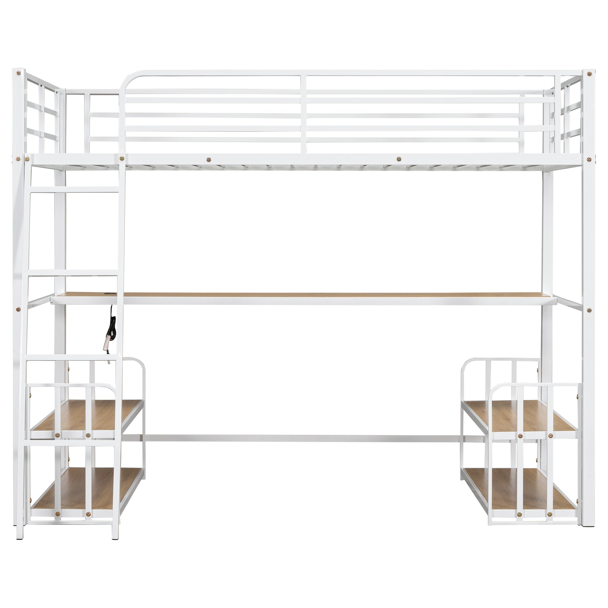 Twin Size Metal Loft Bed With Desk, Storage Shelves And Charging Station, White Box Spring Not Required Twin White Metal Mdf Metal