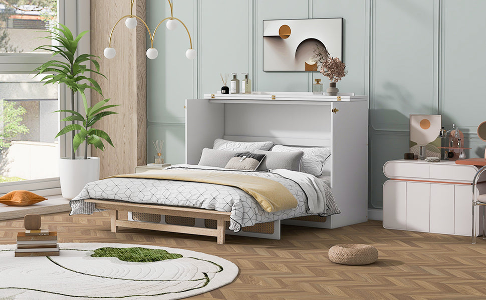 Queen Murphy Bed With Large Drawers,White Queen White Plywood