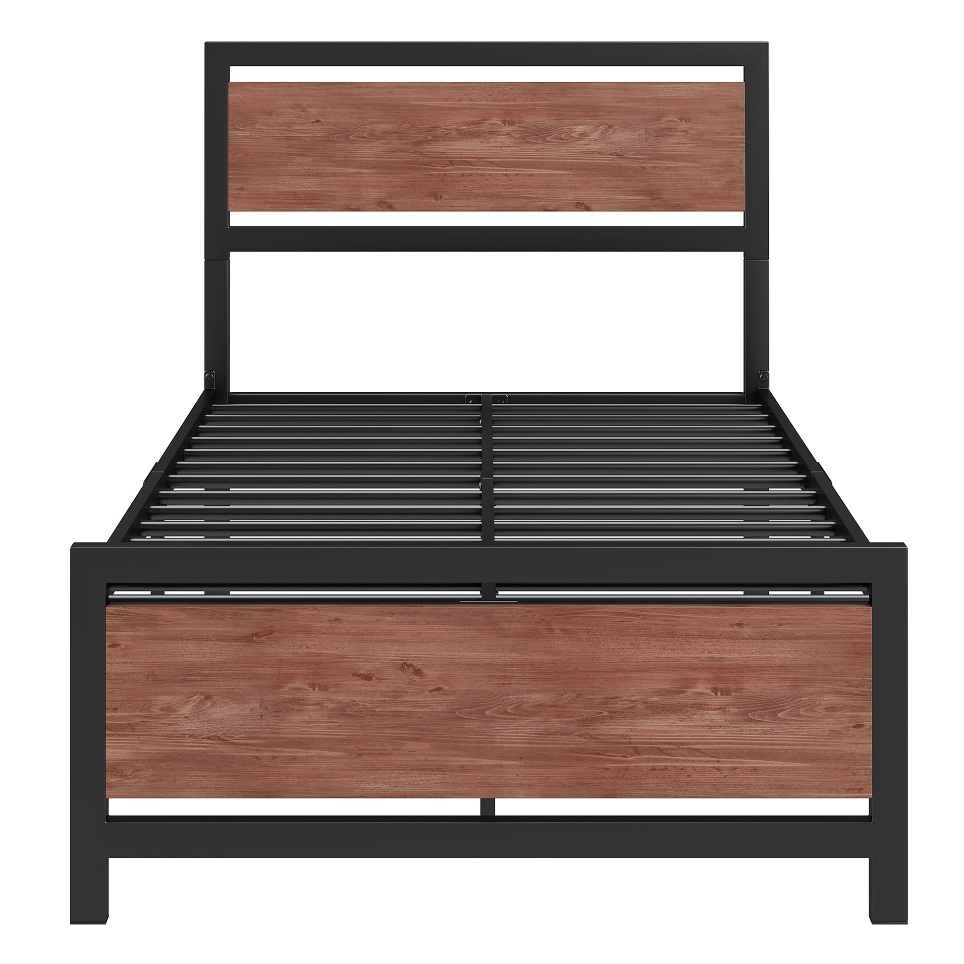 Twin Size Platform Bed, Metal And Wood Bed Frame With Headboard And Footboard, Black Black Metal & Wood