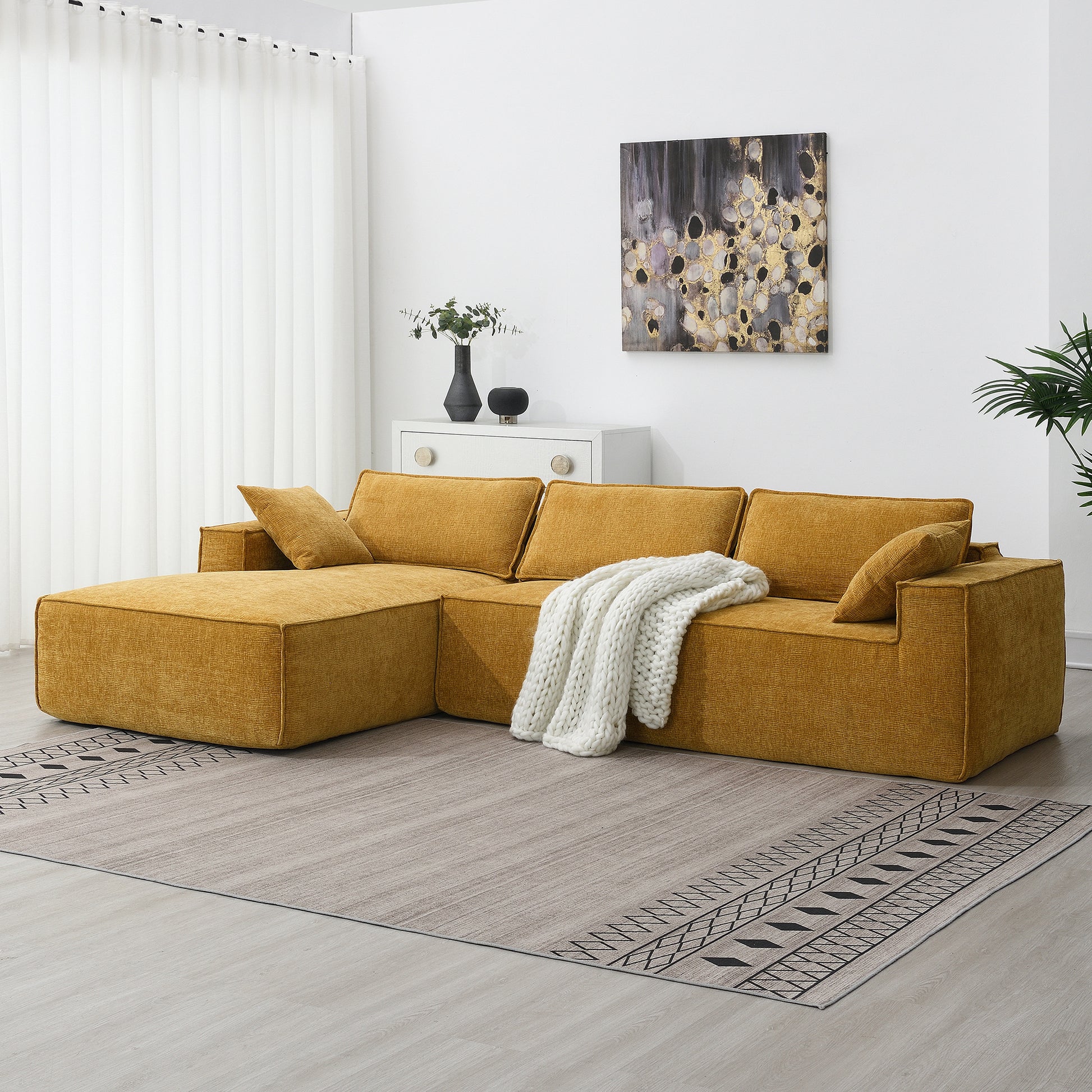 111.5*72"Minimalist Style Modular Sectional Sofa,Wrinkle Resistant Chenille Couch Set,L Shaped Sleeper Sofa Bed For Living Room,2 Pic Free Combination,No Assembly Require,3 Colors Yellow Chenille 4 Seat