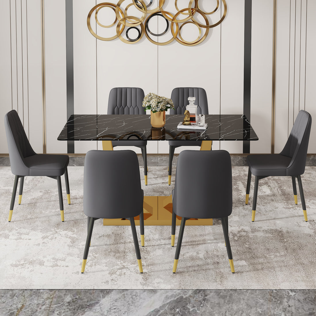 Table And Chair Set.Modern Rectangular Dining Table With Black Textured Stickers Glass Tabletop And Gold Plated Metal Legs.Paried With 6 Comfortable Chairs With Pu Seats And Black Metal Legs. Black Gold Seats 6 Glass Metal