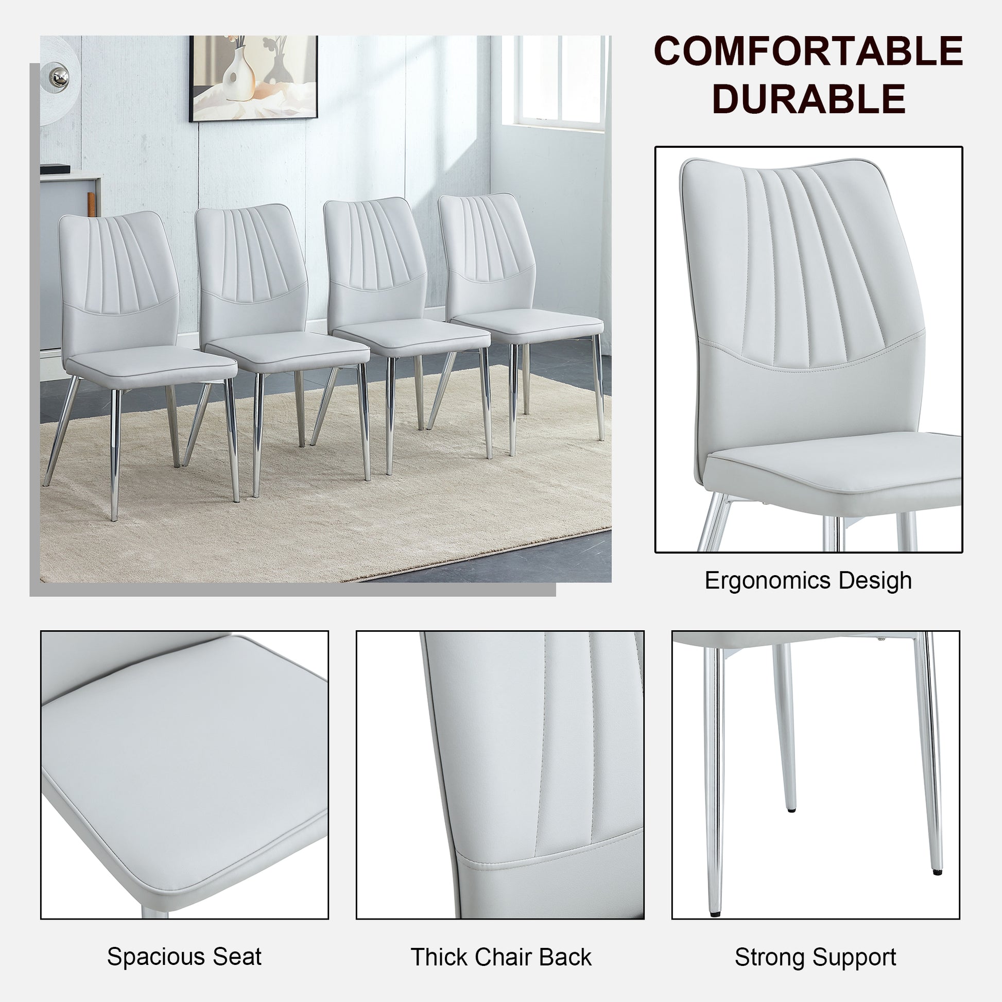 Table And Chair Set.Contemporary, Minimalist Rectangular Dining Table Featuring A Clear Tempered Glass Top And Sleek Silver Legs. Paried With Chairs Made Of Pu Material Cushion And Silver Metal Legs. Light Gray Seats 6 Glass Metal