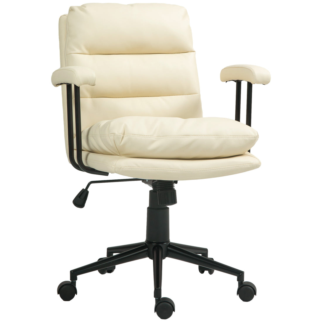 Homcom Pu Leather Office Chair, Office Desk Chair, Task Computer Chair With Swivel Wheels, Adjustable Height, Double Tier Padded, Beige Beige Faux Leather