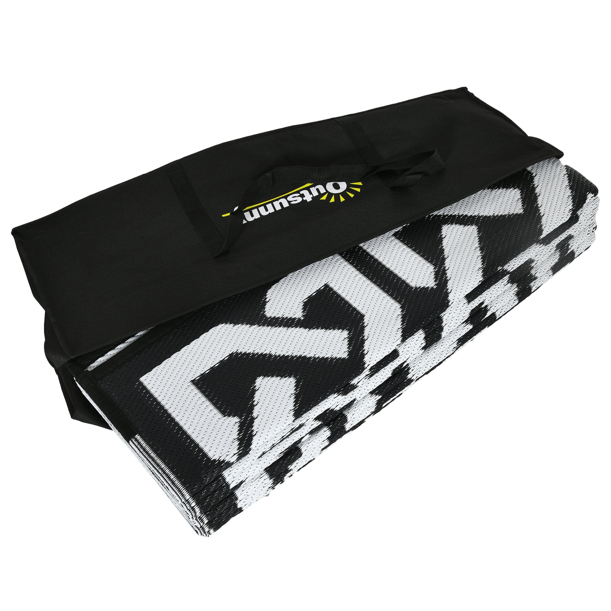 Outsunny Reversible Outdoor Rug, 9' X 18' Waterproof Plastic Straw Floor Mat, Portable Rv Camping Carpet With Carry Bag, Large Floor Mat For Backyard, Deck, Picnic, Beach, Black & White Chain Multicolor Polypropylene