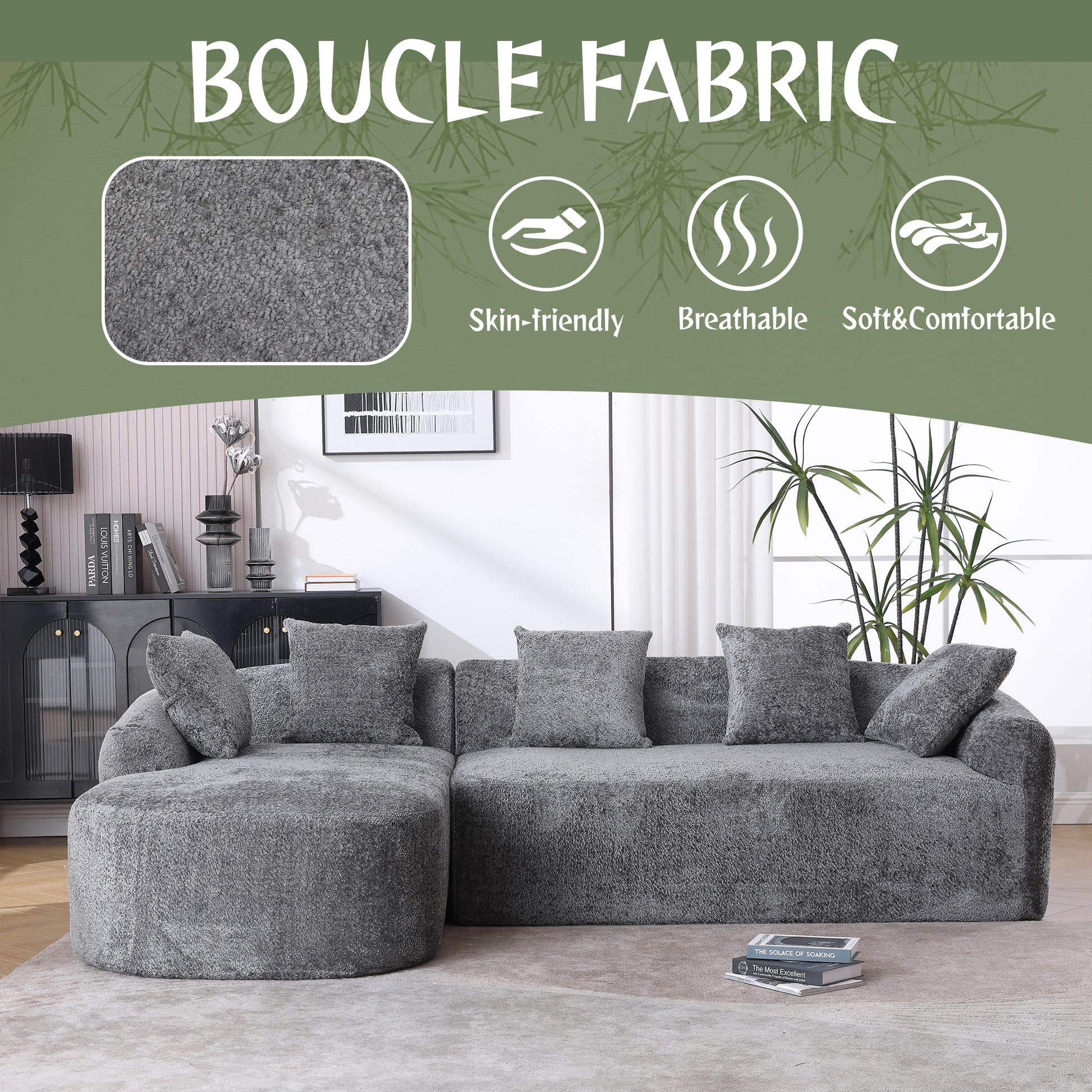 Coolmore Boucle Sofa 3 Seater For Living Room Oversized Comfy Sofa L Shape Sofa Couch With Chaise Home Furniture Sleeper Sectional Sofa For Apartment, Office Left Hand Facing Gray Gray Primary Living Space Foam Boucle 3 Seat