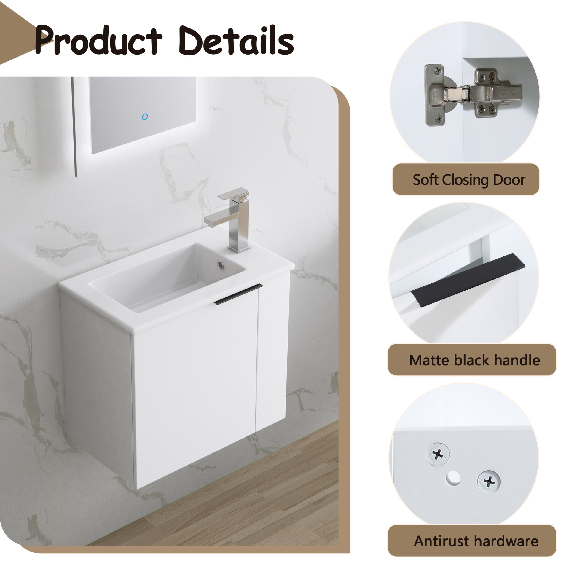 Bathroom Vanity With Sink 22 Inch For Small Bathroom,Floating Bathroom Vanity With Soft Close Door,Small Bathroom Vanity With Sink, 22X13 Kd Packing White 1 Soft Close Doors Bathroom Wall Mounted Modern Plywood Plywood