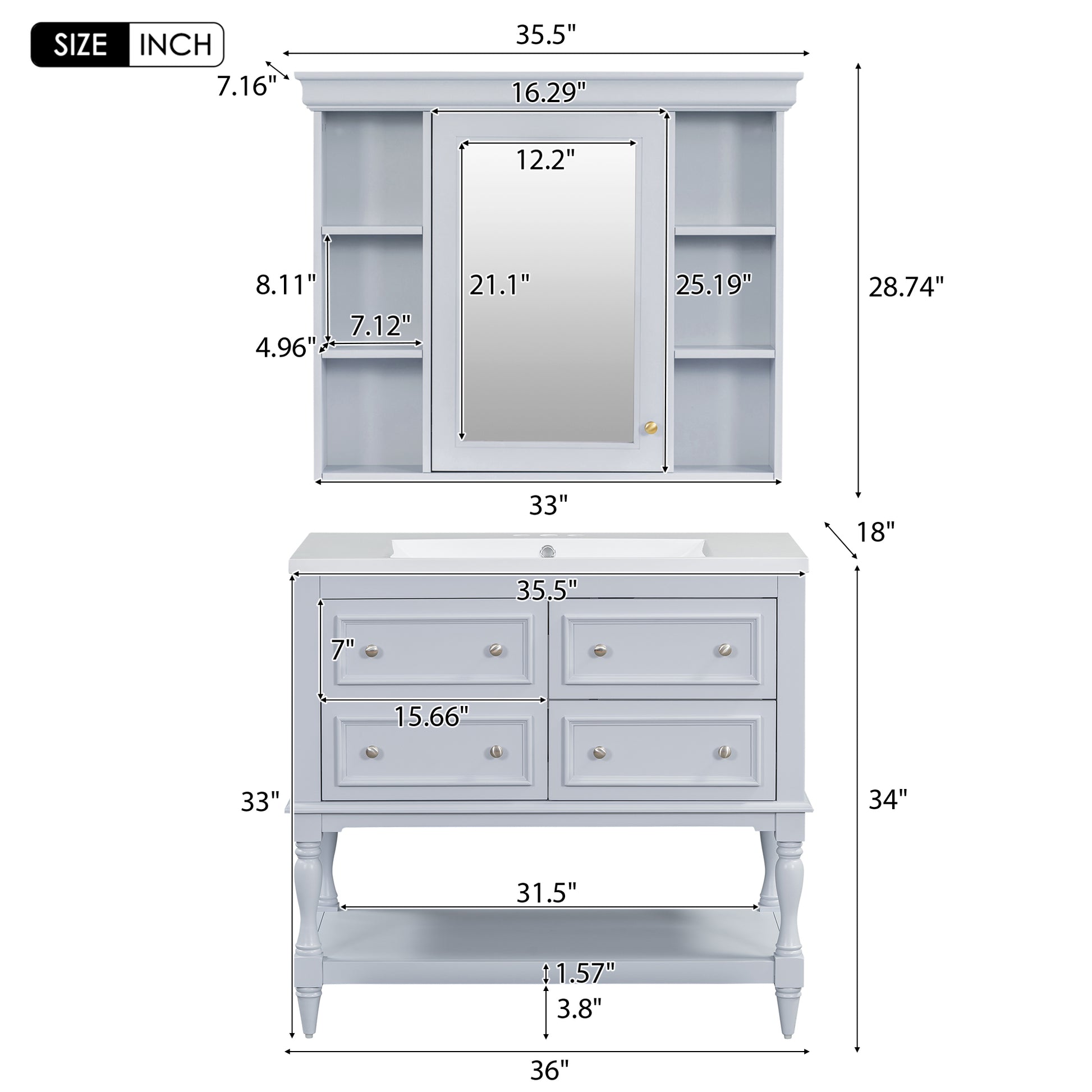 36'' Bathroom Vanity With Medicine Cabinet, Modern Mirror Cabinet With Adjustable Shelf, Bathroom Storage Cabinet With 4 Drawers, Solid Wood Frame Bathroom Storage Cabinet 4 Blue 1 5 Adjustable Hinges Bathroom Freestanding Solid Wood Mdf Resin Painted