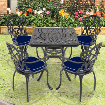 Cushions In Random Colors 5 Piece Set Of Cast Aluminum Patio Furniture With Cushions Yes Dining Set Black Seats 4 Rust Resistant Frame Water Resistant Cushion Garden & Outdoor Complete Patio Sets Aluminium