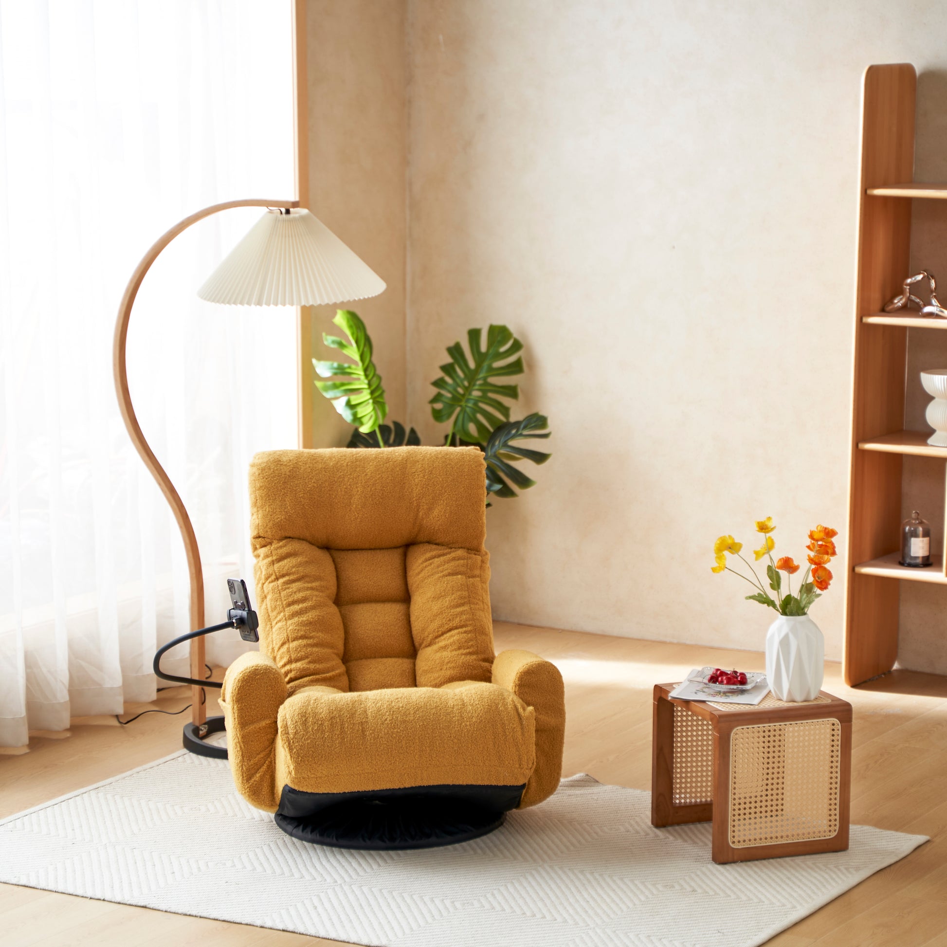 Adjustable Head And Waist, Game Chair, Lounge Chair In The Living Room, 360 Degree Rotatable Sofa Chair,Rotatable Seat Leisure Chair Deck Chair Yellow Metal Soft Cotton Metal