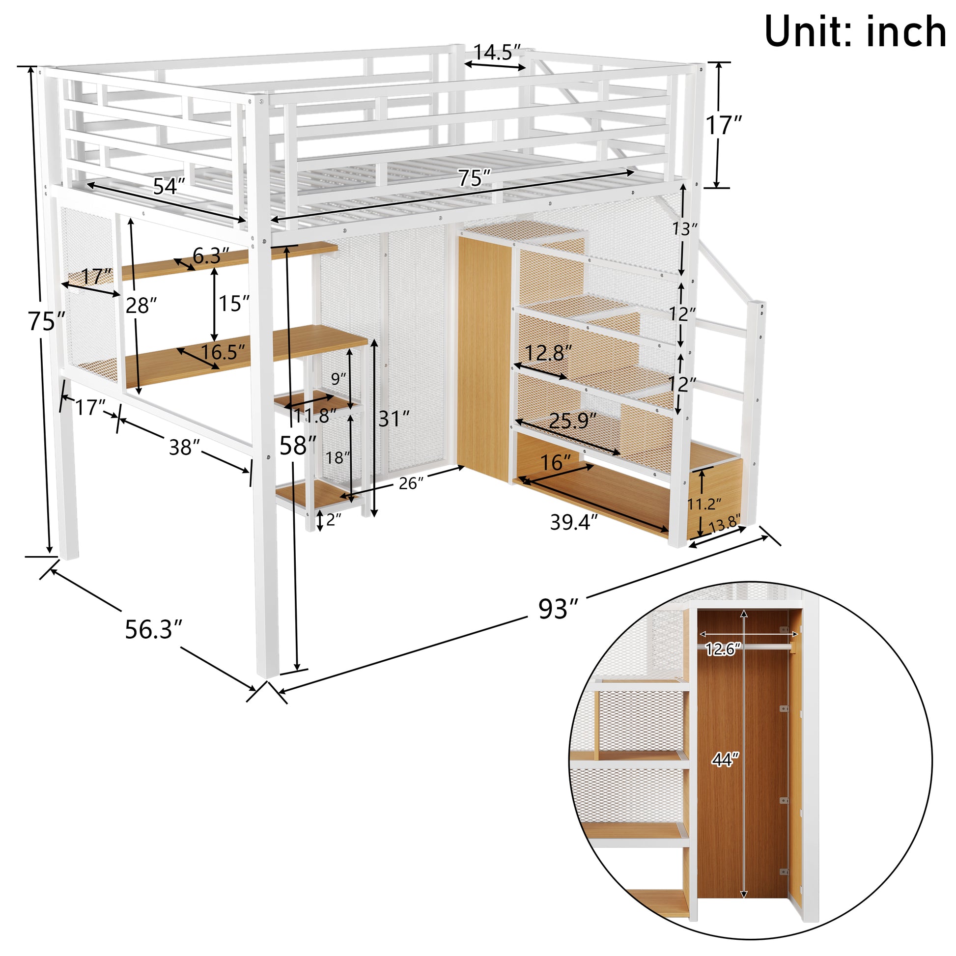 Full Size Metal Loft Bed With Wardrobe, Desk, Storage Shelves, White Expected Arrival Time: 10.3 Box Spring Not Required Full White Metal Mdf Metal