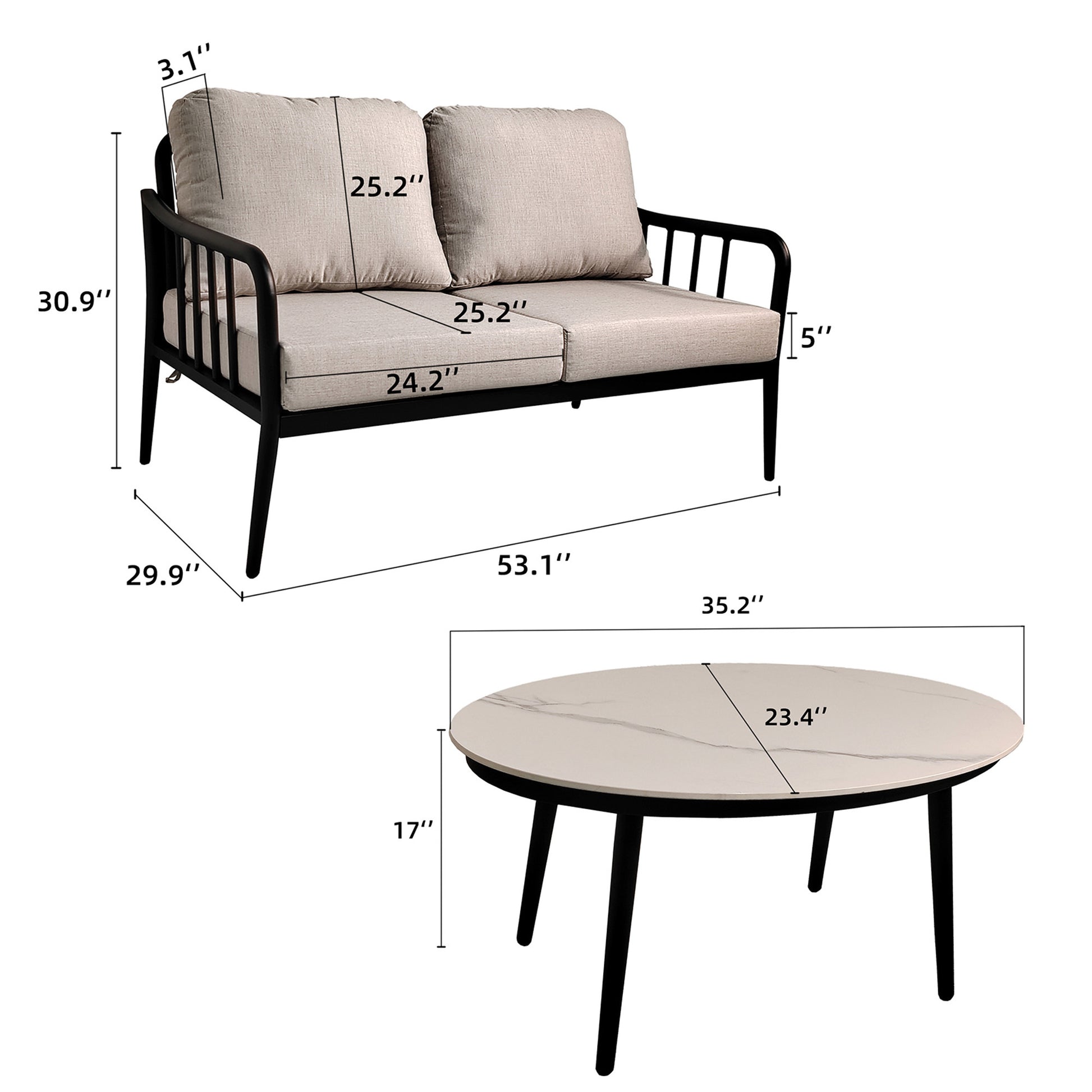 2Pc Outdoor Aluminum Patio Furniture, Modern Loveseat Sofa Conversation Chat Set, Sunbrella Cushions And Oval Coffee Table With White Carrara Marble Look Sintered Stone Top, Ember Black Yes Deep Seating Ember Black Rust Resistant Frame Fade Resistant