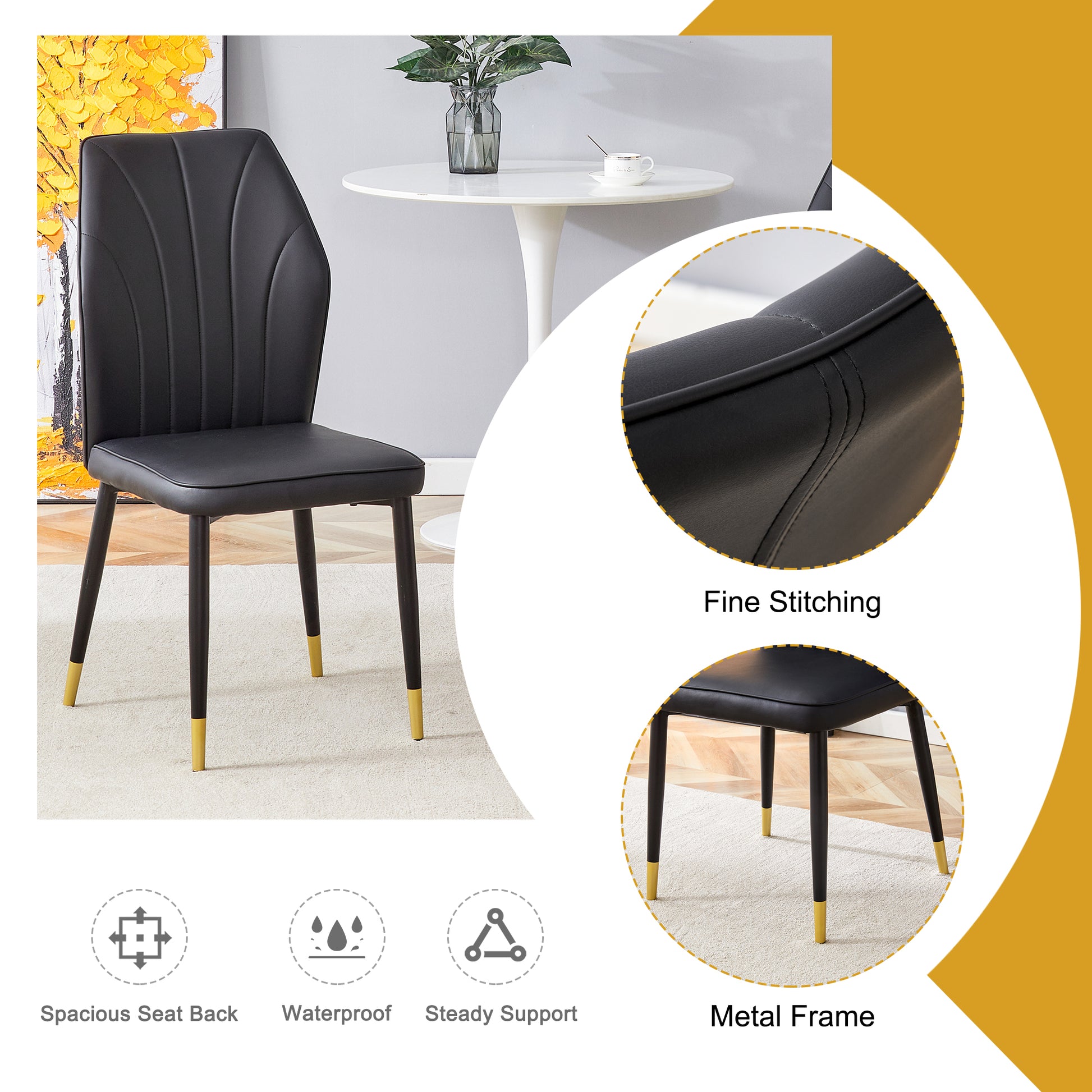 4 Modern Dining Chairs With Stylish Pu Patterned Backrest And Black Metal Legs For A Comfortable Home Experience In The Kitchen, Bedroom And Office. Black Pu