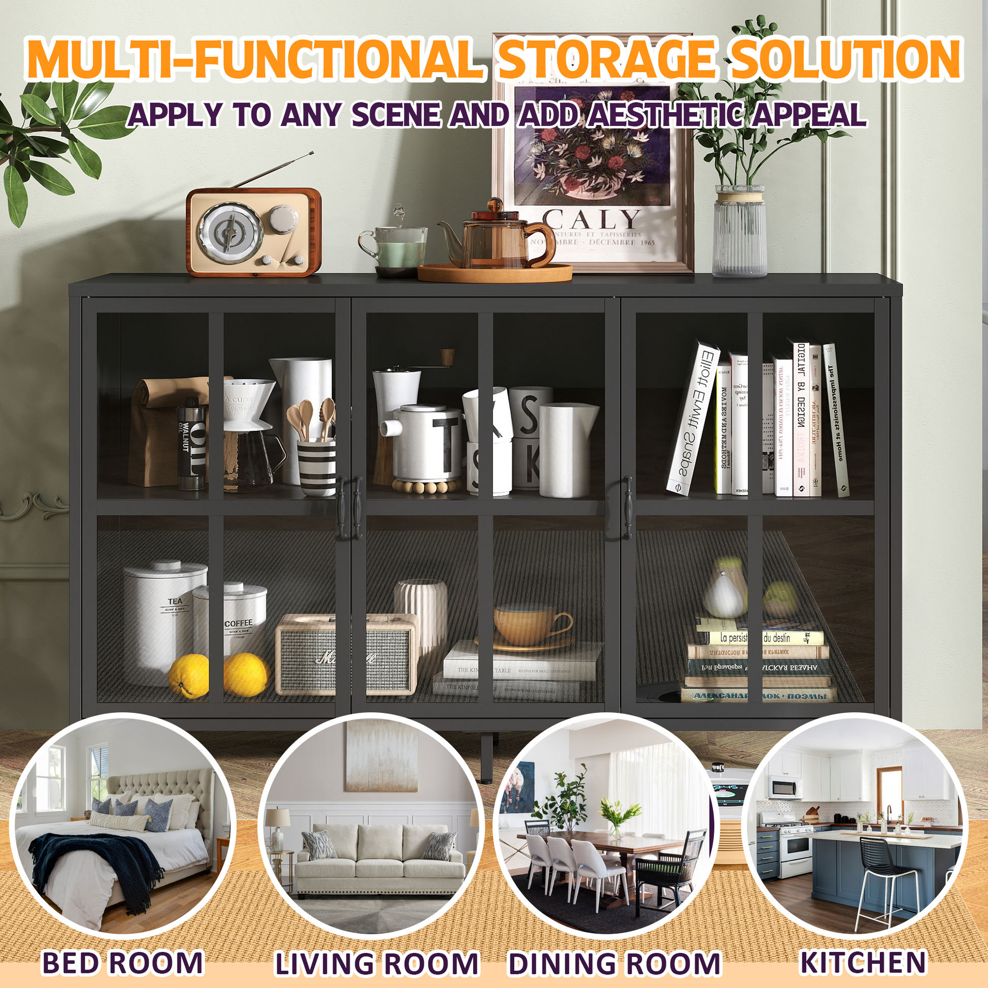 Heavy Duty Metal Modern Sideboard Buffet Cabinet With Storage Premium Steel Storage Cabinet ,Adjustable Feet,Glass Doors,Large Capacity Organizer For Living Room,Bed Room,Dining Room Black Kitchen