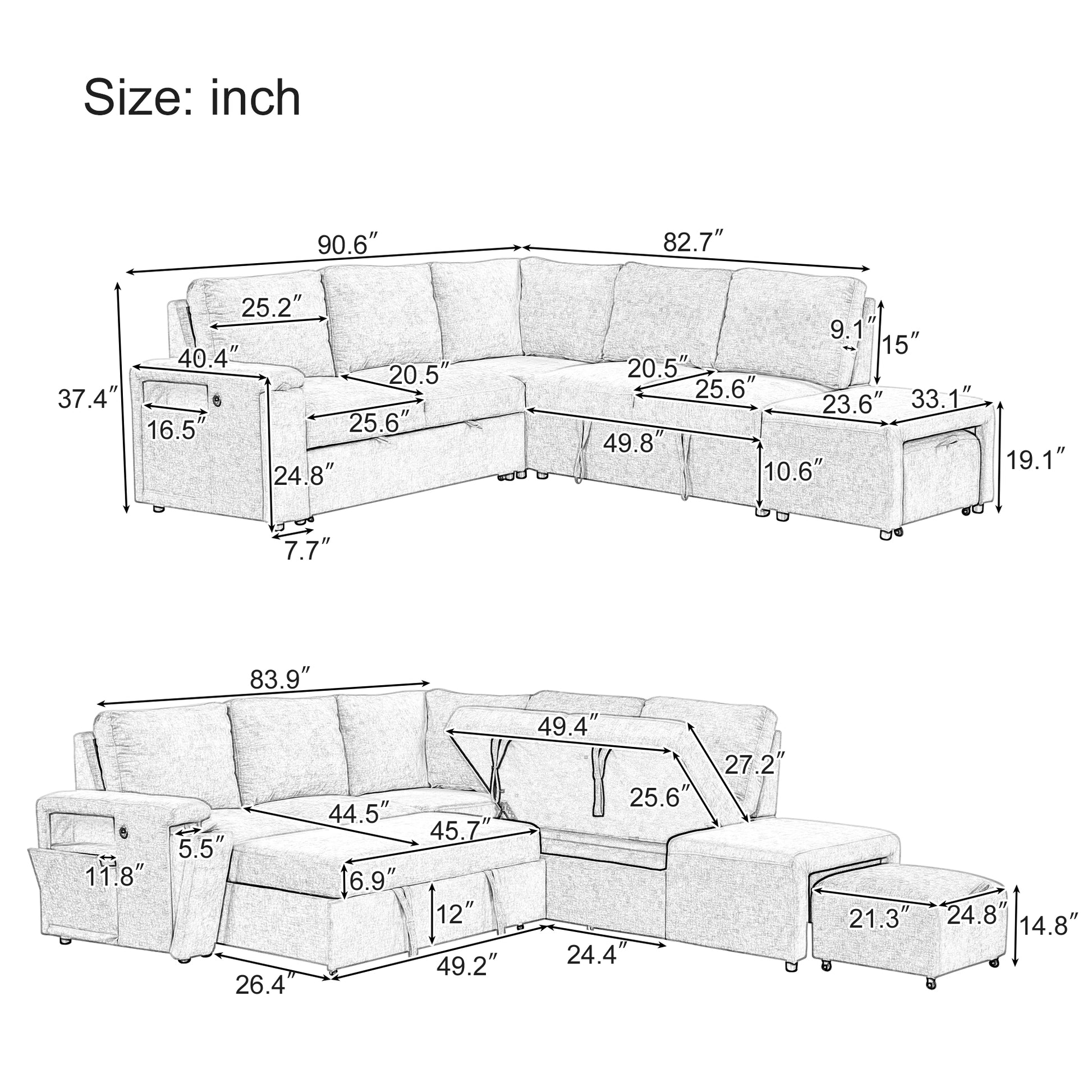 L Shaped Padded Modular Sofa With Storage Space, Usb Ports, And Cup Holders On The Armrests, Suitable For Living Rooms, Offices, And Apartments. Gray Wood Polyester 5 Seat