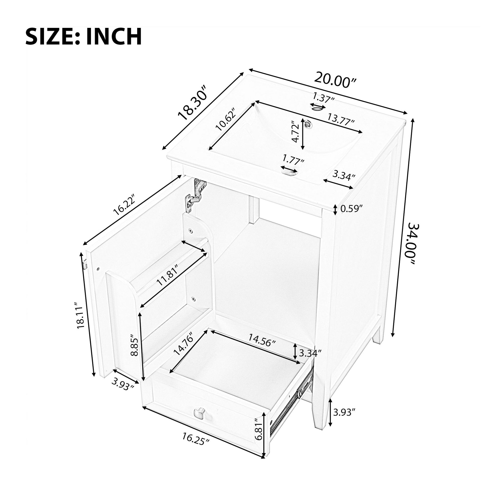 20" Bathroom Vanity With Sink, Bathroom Cabinet With Soft Closing Door, Storage Rack And A Drawer, White White Mdf