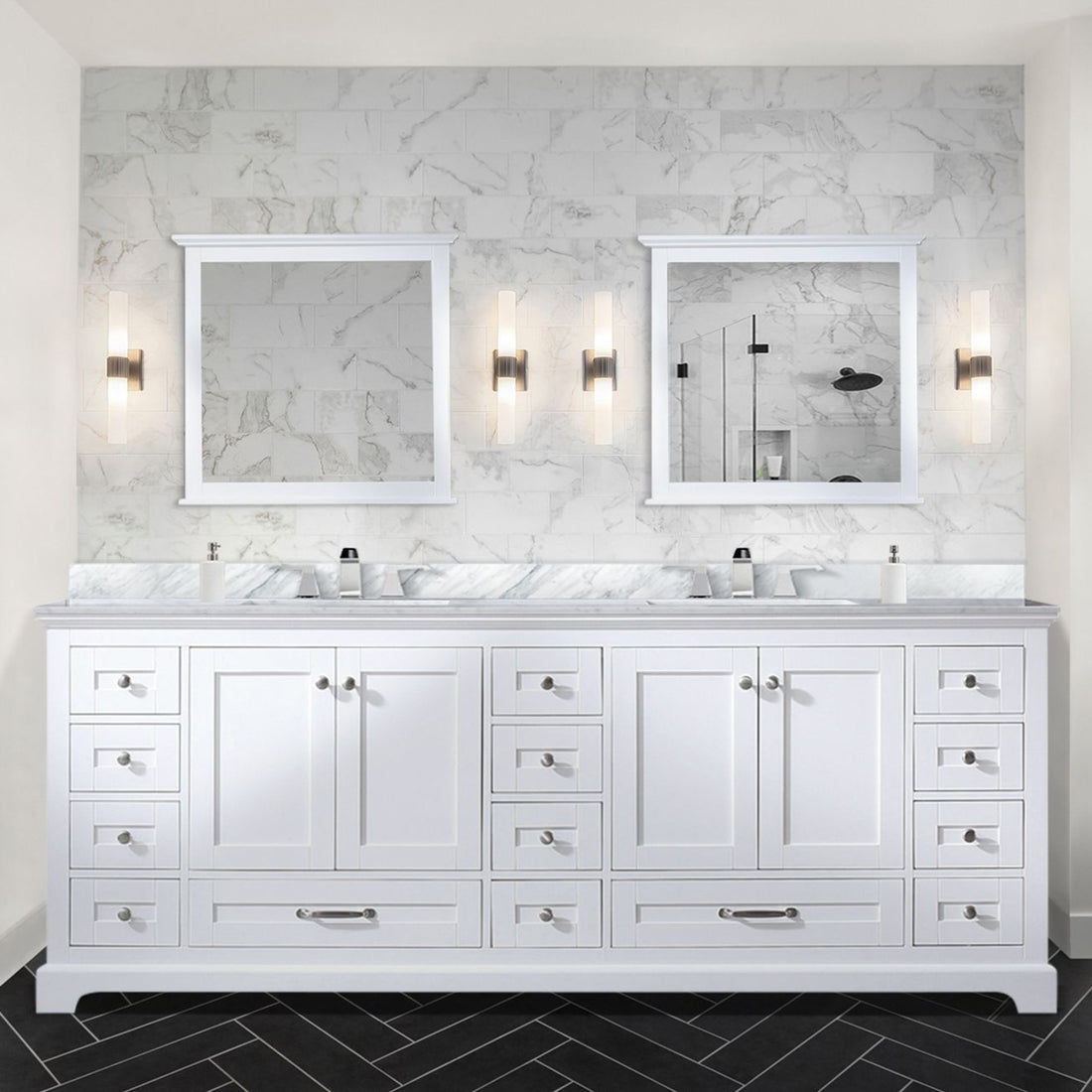 White Double Bath Vanity 84 In. W X 22 In. D, With Carrara Marble Top White Plywood Wood