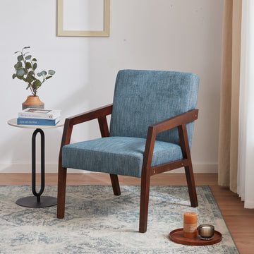 Solid Wooden Mid Century Modern Accent Chair, Upholstered Arm Chair For Living Room, Bedroom, Linen Fabric Reading Chair, Side Chair, Blue Blue Brown Study Mid Century Modern Birch Upholstered