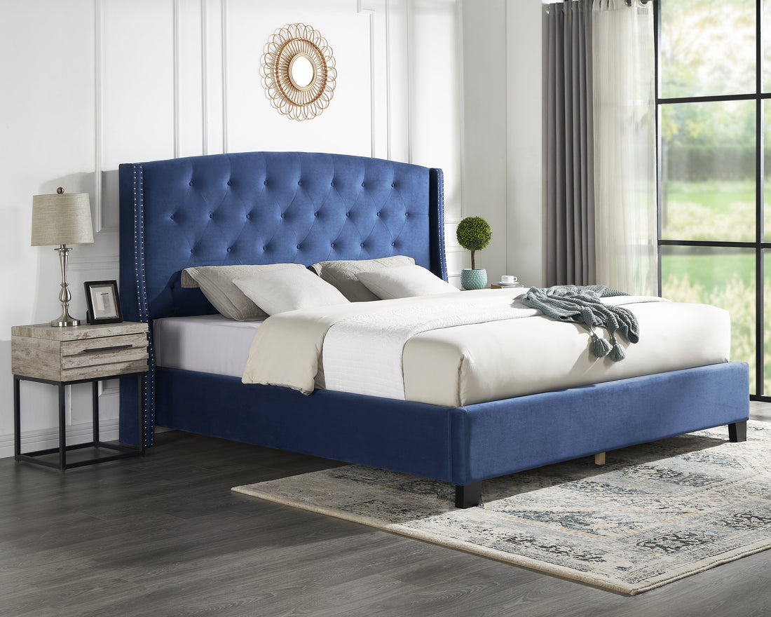 Fentina 3 Piece Upholstered Bedroom Set, Tufted Velvet Wingback Bed With Two White Nightstands Box Spring Required Queen Blue Multi Wood 3 Piece Set Bedroom Bed Included,Nightstand Included Contemporary Wood Tufted Polyester Engineered Wood