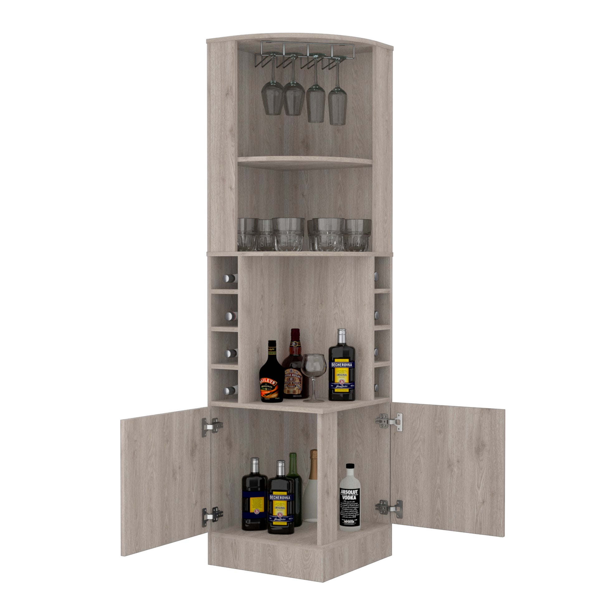 Syrah Corner Bar Cabinet, Eight Bottle Cubbies, Double Door, Two Open Shelves Light Gray Light Gray Modern Particle Board Particle Board